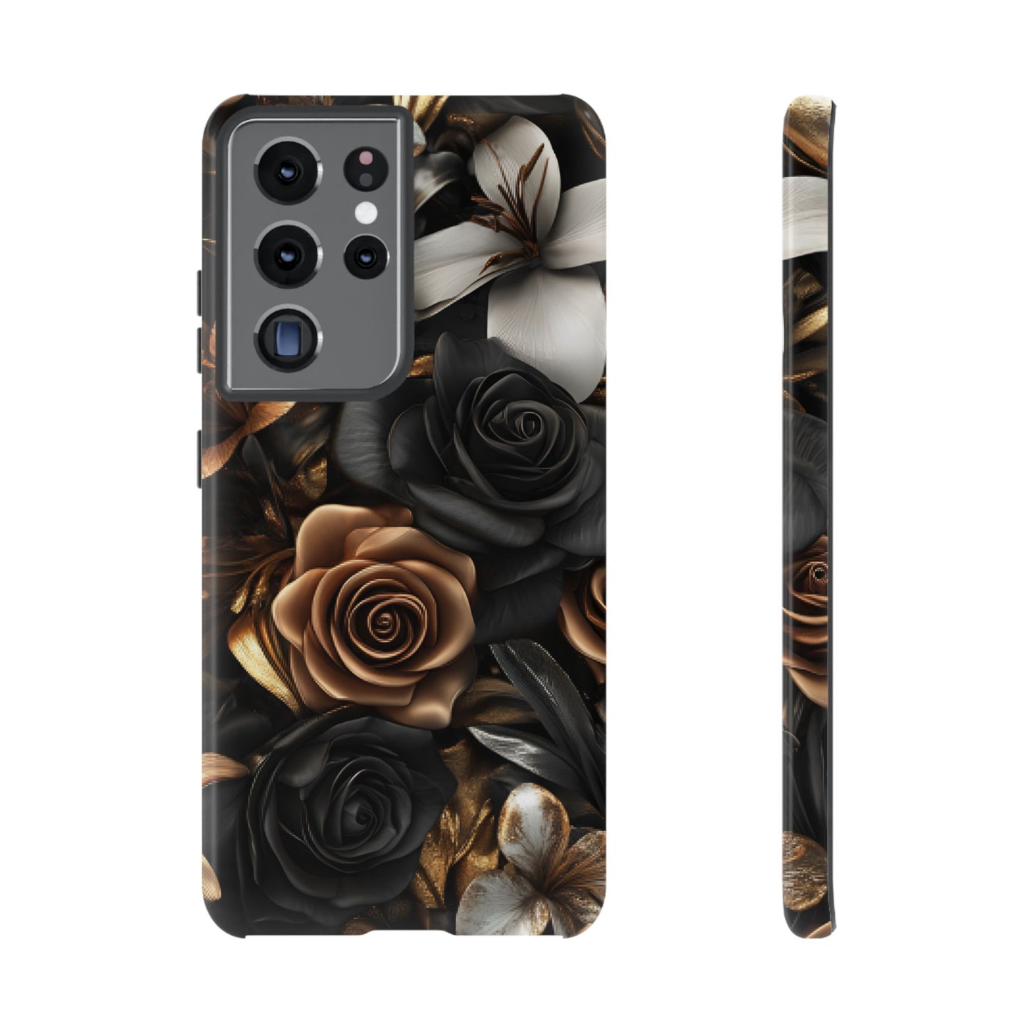 Floral Phone Case - Black and Gold Roses for iPhone 16 15 14 13 12 11, Samsung Galaxy & Google Pixel