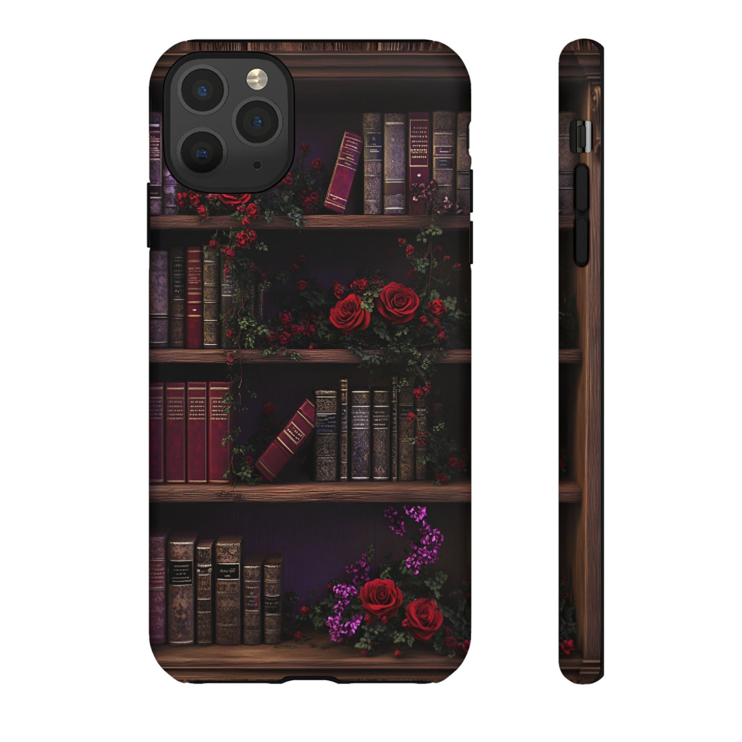 Book Lovers Phone Case - Roses and Books in Moody Vintage Bookshelf for iPhone 16 15 14 13 12 11, Samsung Galaxy & Google Pixel