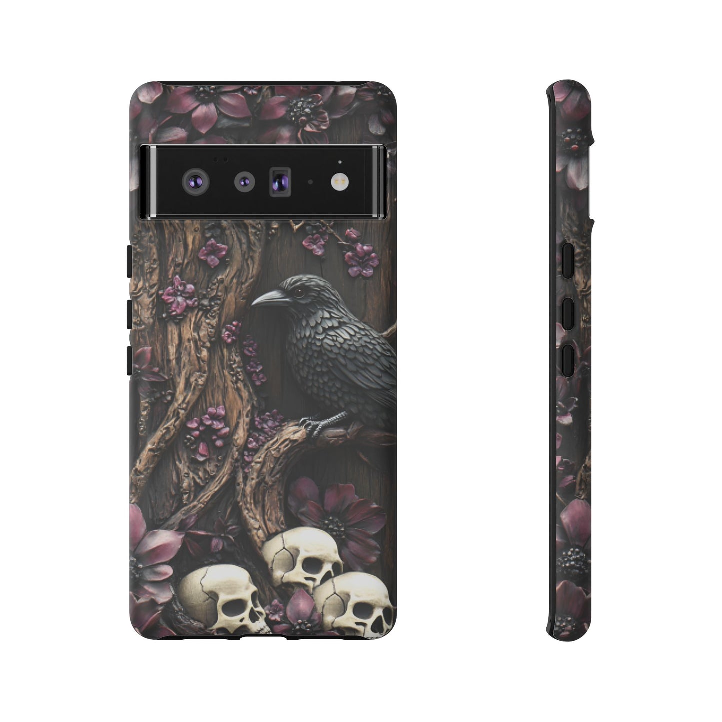 Raven and Skulls Phone Case - Gothic Faux Wood Phone Cases - iPhone 16 15 14 13 12 11, Samsung Galaxy & Google Pixel Phone Covers