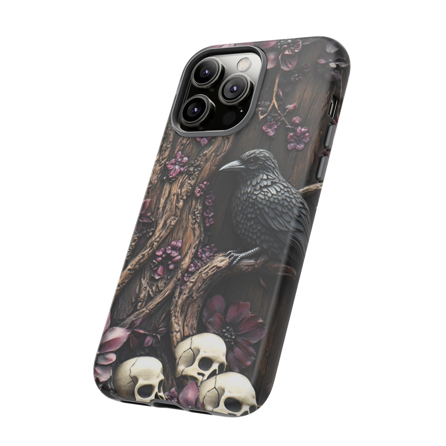 Raven and Skulls Phone Case - Gothic Faux Wood Phone Cases - iPhone 16 15 14 13 12 11, Samsung Galaxy & Google Pixel Phone Covers