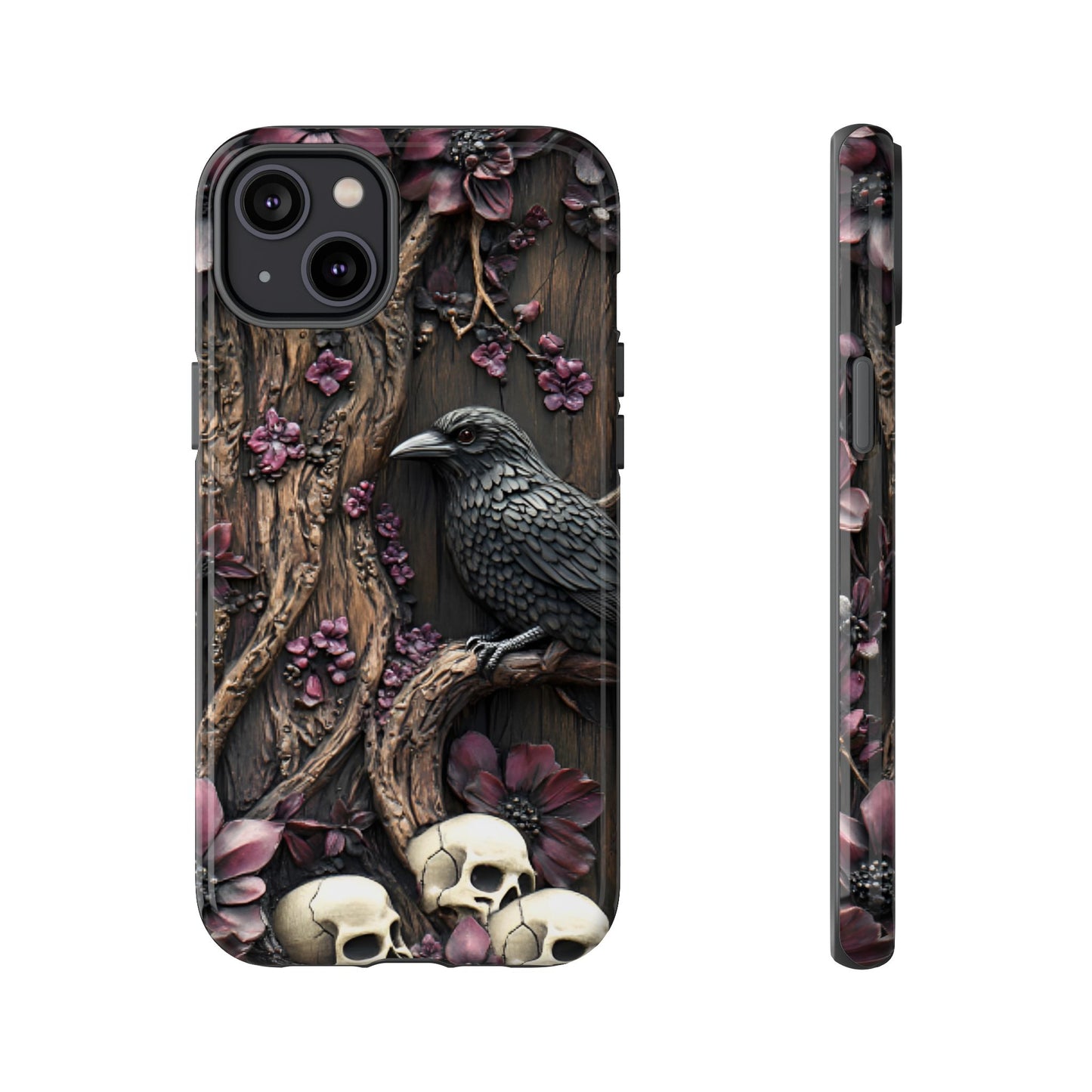 Raven and Skulls Phone Case - Gothic Faux Wood Phone Cases - iPhone 16 15 14 13 12 11, Samsung Galaxy & Google Pixel Phone Covers