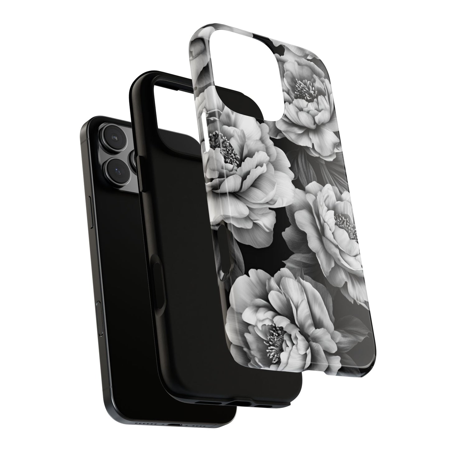 Black and White Peony Flower Phone Case - Aesthetic Dark Floral Phone Cases - iPhone 16 15 14 13 12 11, Samsung Galaxy & Google Pixel Phone Covers