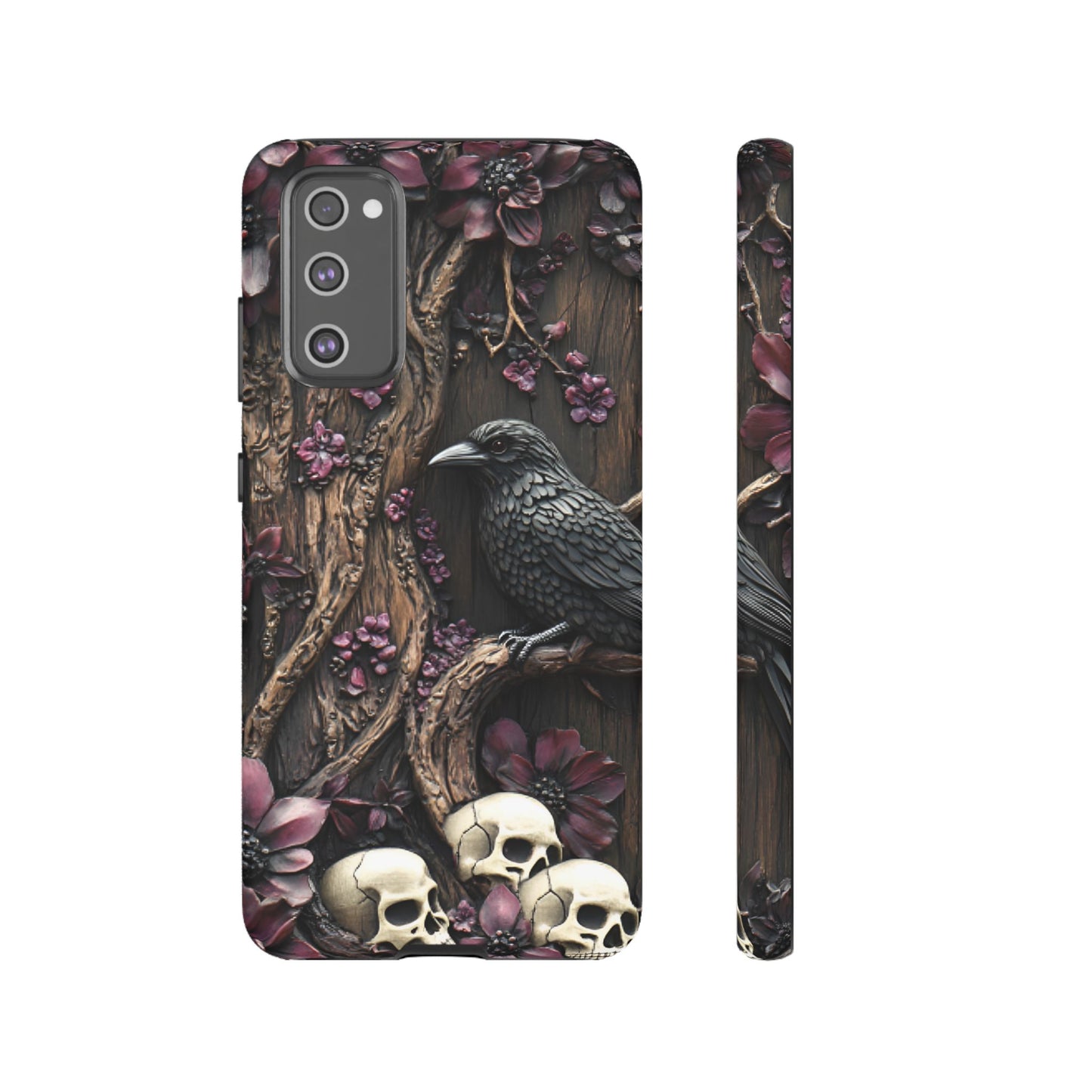 Raven and Skulls Phone Case - Gothic Faux Wood Phone Cases - iPhone 16 15 14 13 12 11, Samsung Galaxy & Google Pixel Phone Covers