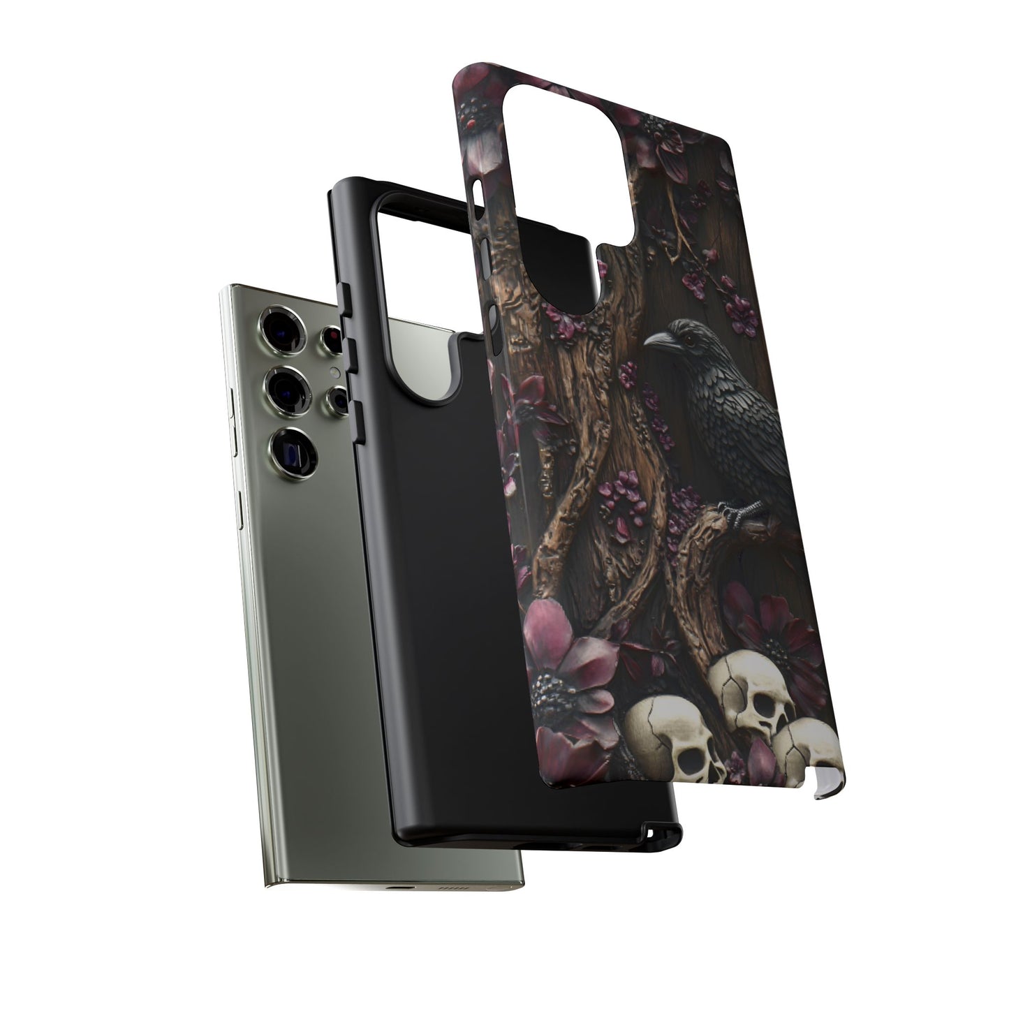 Raven and Skulls Phone Case - Gothic Faux Wood Phone Cases - iPhone 16 15 14 13 12 11, Samsung Galaxy & Google Pixel Phone Covers