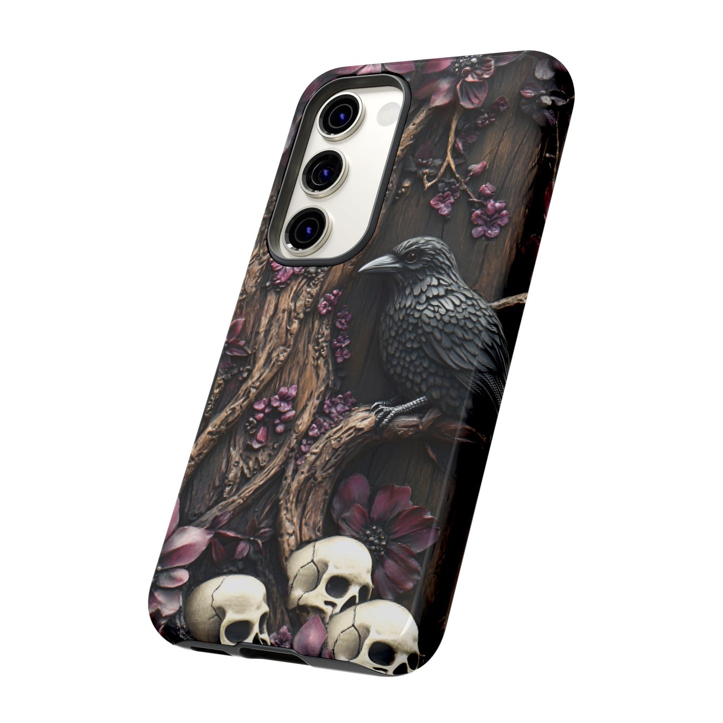 Raven and Skulls Phone Case - Gothic Faux Wood Phone Cases - iPhone 16 15 14 13 12 11, Samsung Galaxy & Google Pixel Phone Covers