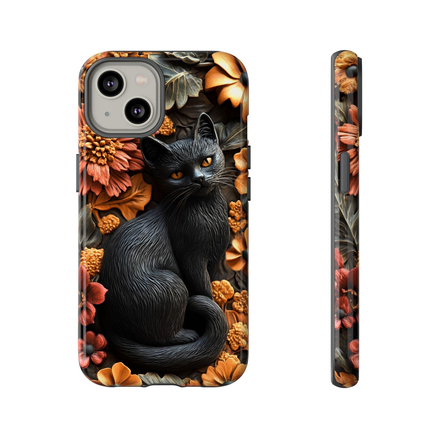 Black Cat Floral Fall Phone Case - Carved Clay Effect Cat Lover Phone Cases for iPhone 16 15 14 13 12 11, Samsung Galaxy & Google Pixel