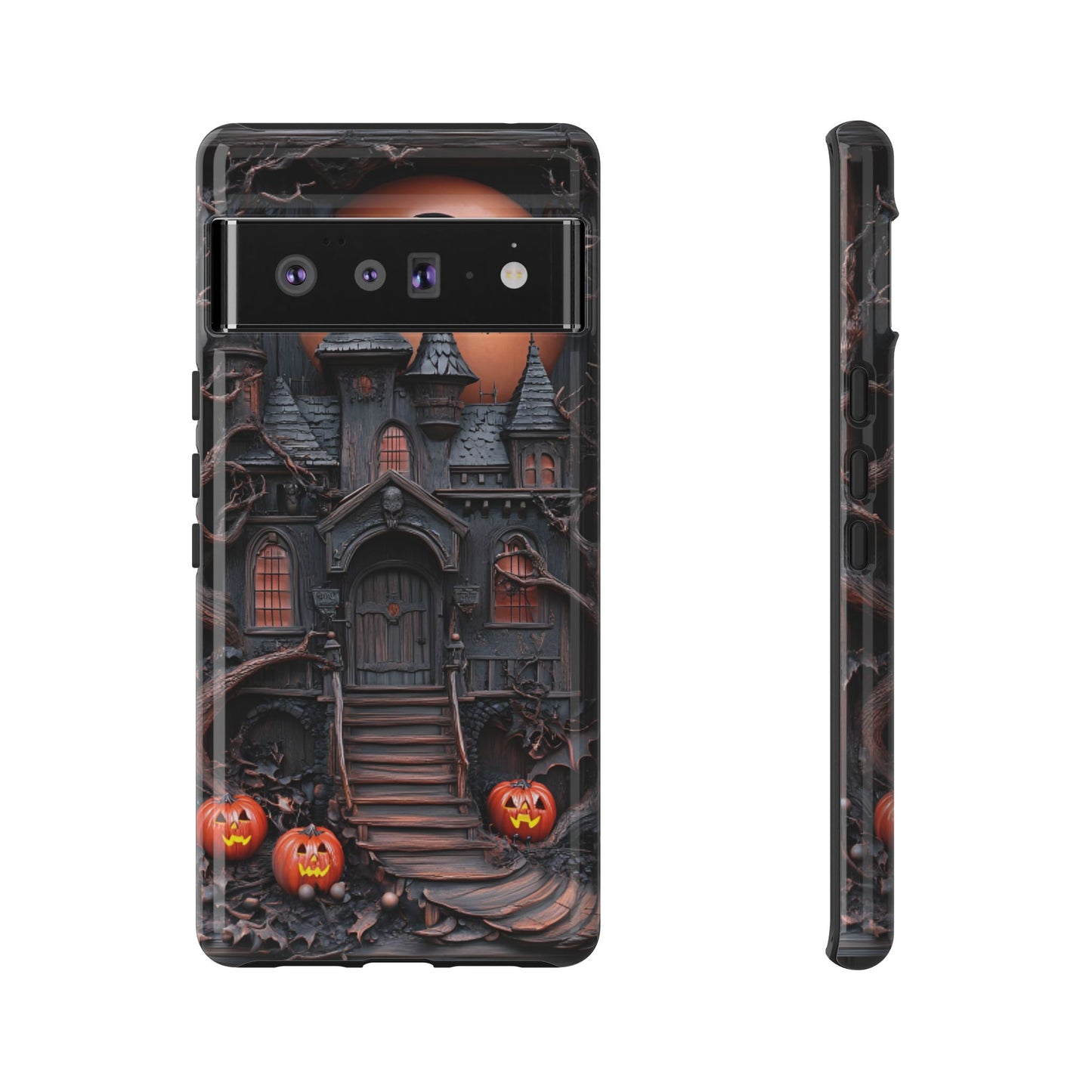 Carved Wood Haunted House Phone Case - Faux Wood Spooky Halloween Phone Cases - iPhone 16 15 14 13 12 11, Samsung Galaxy & Google Pixel Phone Covers