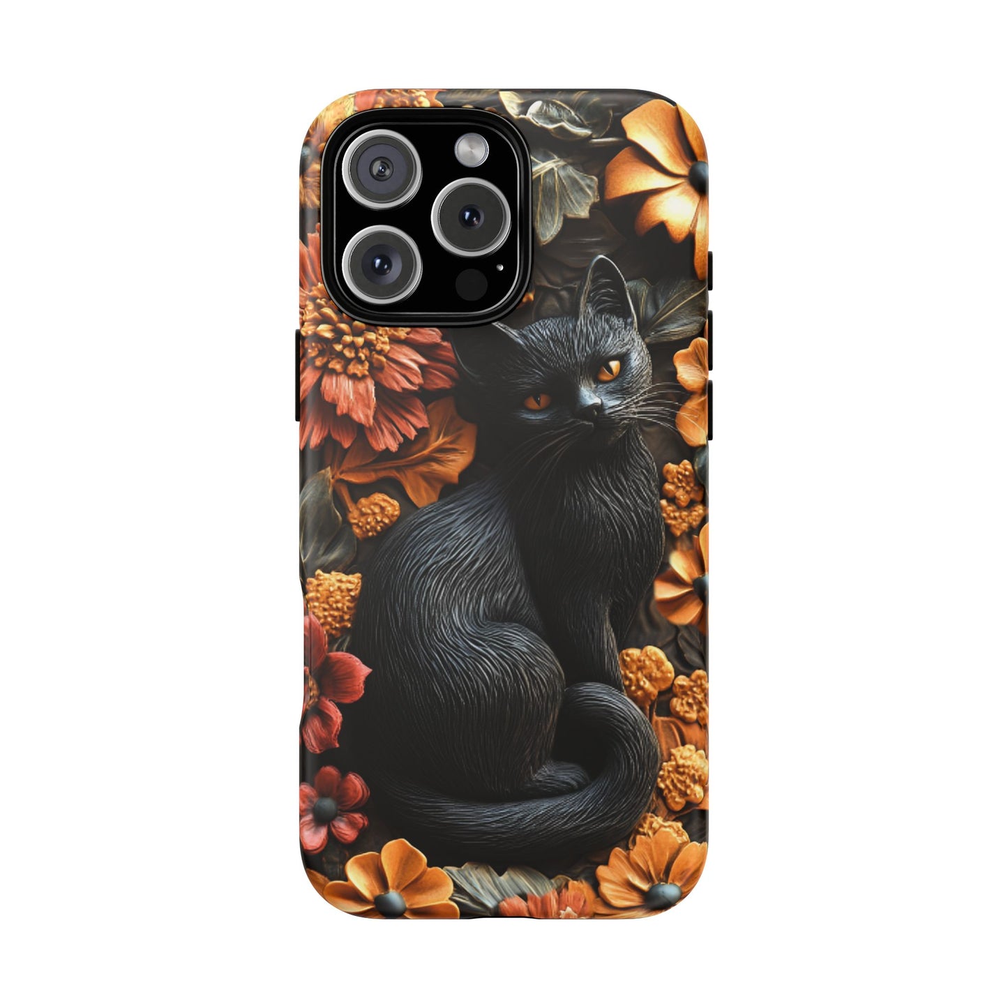 Black Cat Floral Fall Phone Case - Carved Clay Effect Cat Lover Phone Cases - iPhone 16 15 14 13 12 11, Samsung Galaxy & Google Pixel Phone Covers