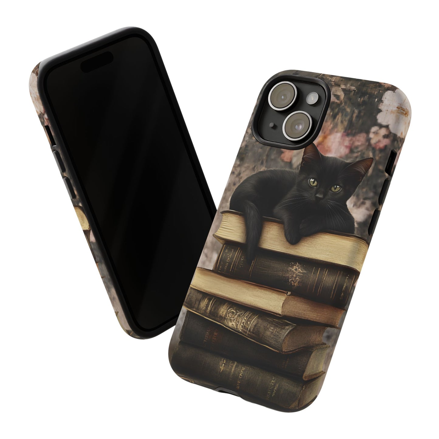 Black Cat and Books Phone Case - Vintage Dark Academia Library Phone Cases for iPhone 16 15 14 13 12 11, Samsung Galaxy & Google Pixel