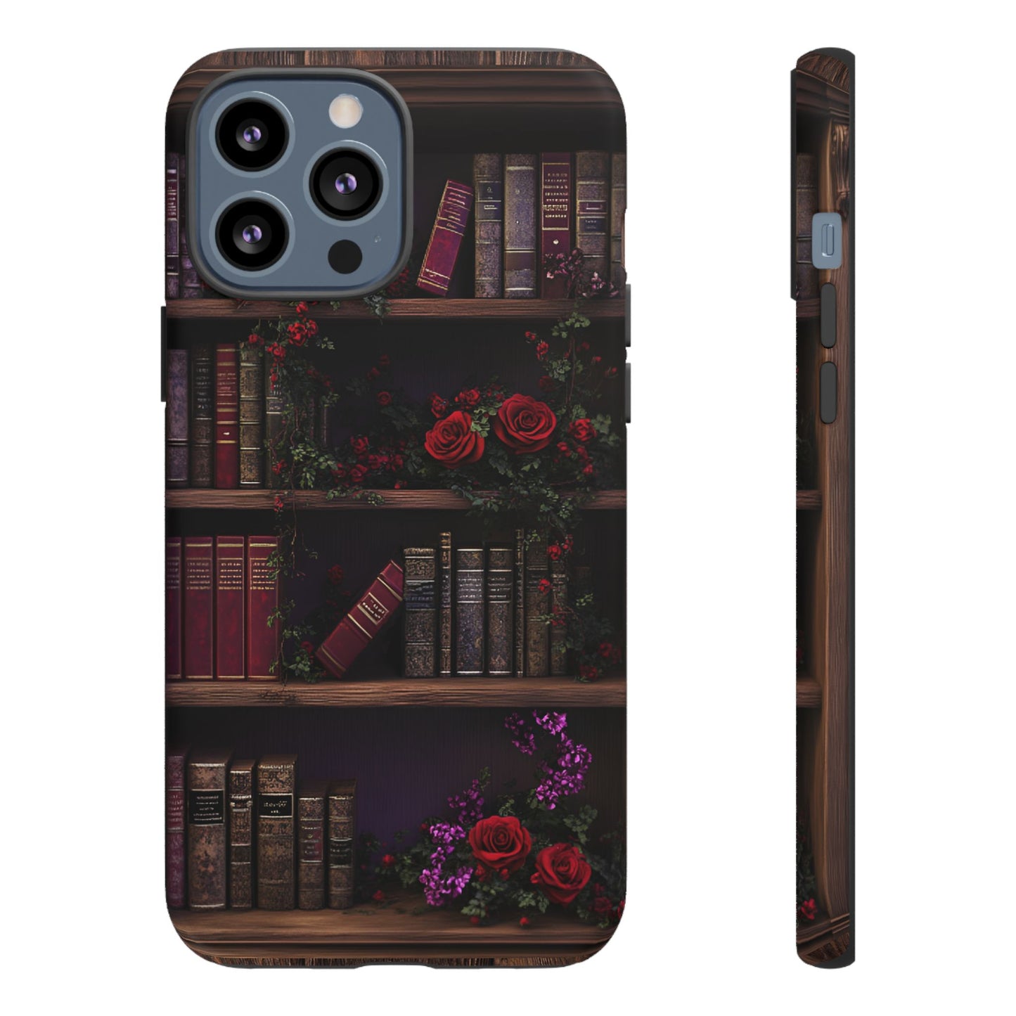 Book Lovers Phone Case - Roses and Books in Moody Vintage Bookshelf - iPhone 16 15 14 13 12 11, Samsung Galaxy & Google Pixel Phone Covers