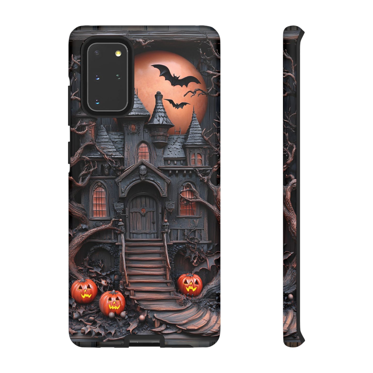 Carved Wood Haunted House Phone Case - Faux Wood Spooky Halloween Phone Cases - iPhone 16 15 14 13 12 11, Samsung Galaxy & Google Pixel Phone Covers