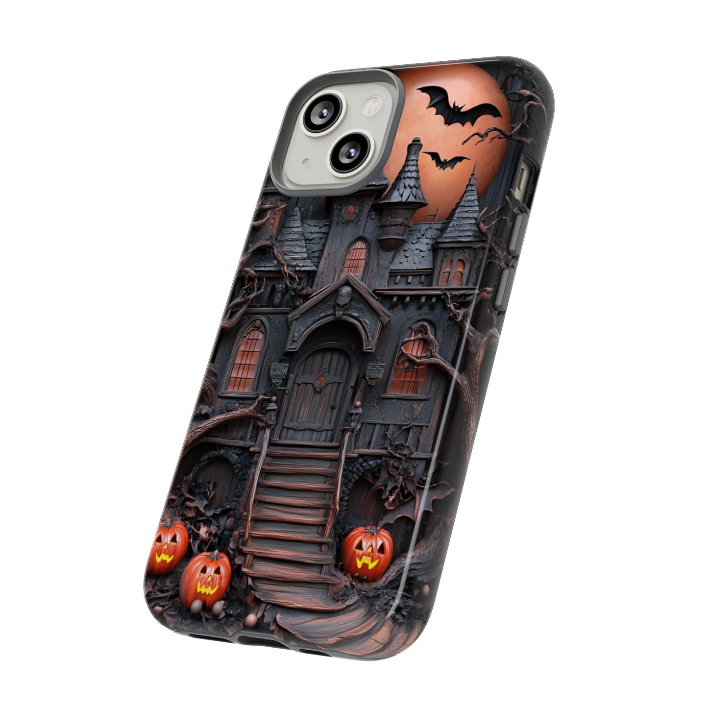 Carved Wood Haunted House Phone Case - Faux Wood Spooky Halloween Phone Cases - iPhone 16 15 14 13 12 11, Samsung Galaxy & Google Pixel Phone Covers