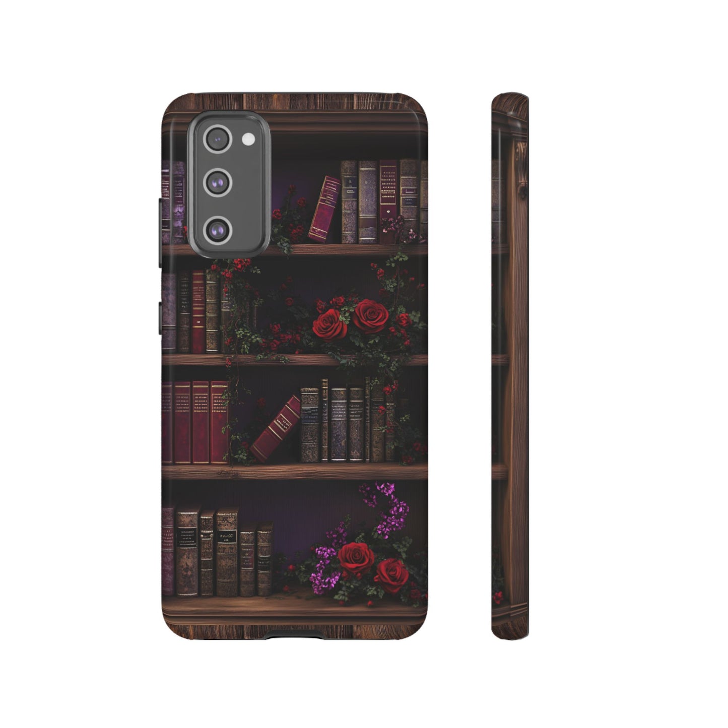 Book Lovers Phone Case - Roses and Books in Moody Vintage Bookshelf - iPhone 16 15 14 13 12 11, Samsung Galaxy & Google Pixel Phone Covers