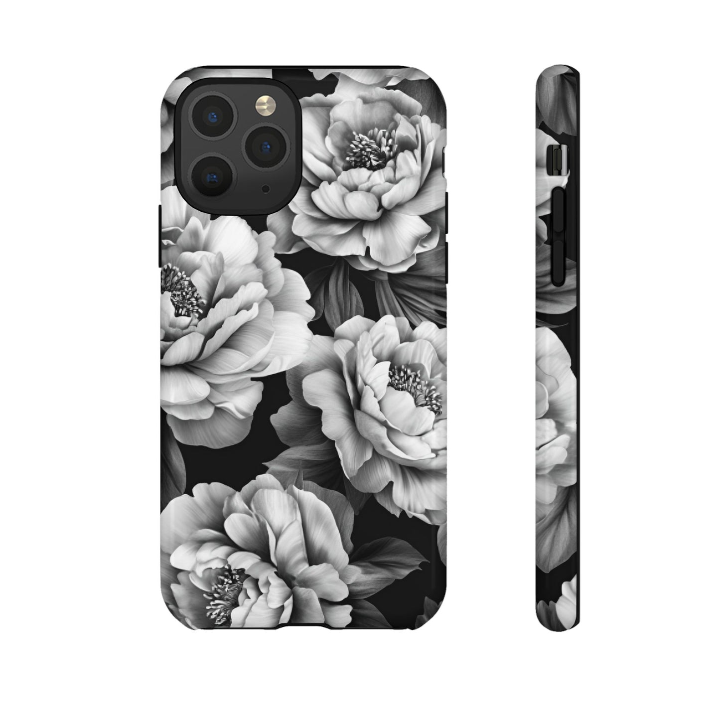 Black and White Peony Flower Phone Case - Aesthetic Dark Floral Phone Cases for iPhone 16 15 14 13 12 11, Samsung Galaxy & Google Pixel