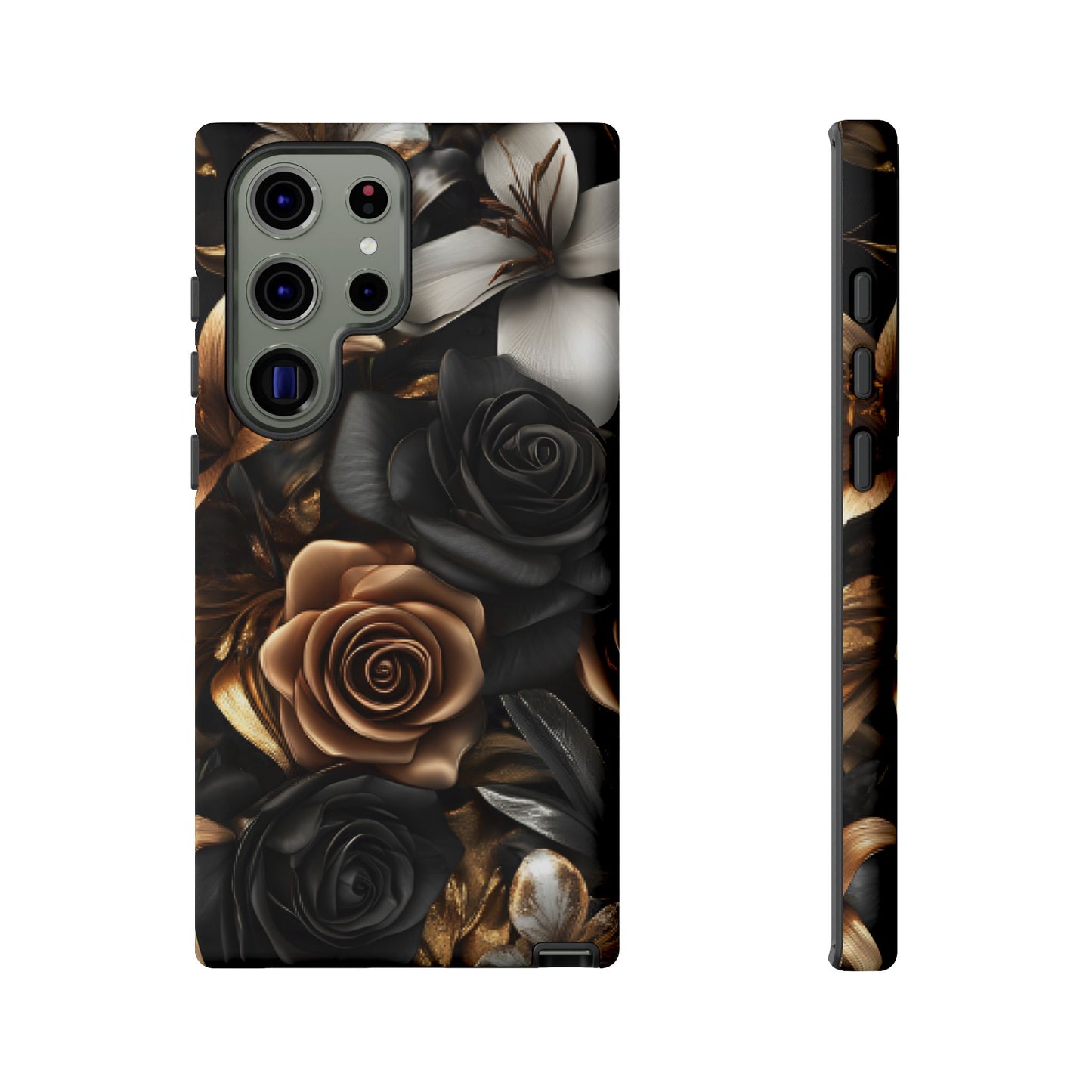 Floral Phone Case - Black and Gold Roses - iPhone 16 15 14 13 12 11, Samsung Galaxy & Google Pixel Phone Covers