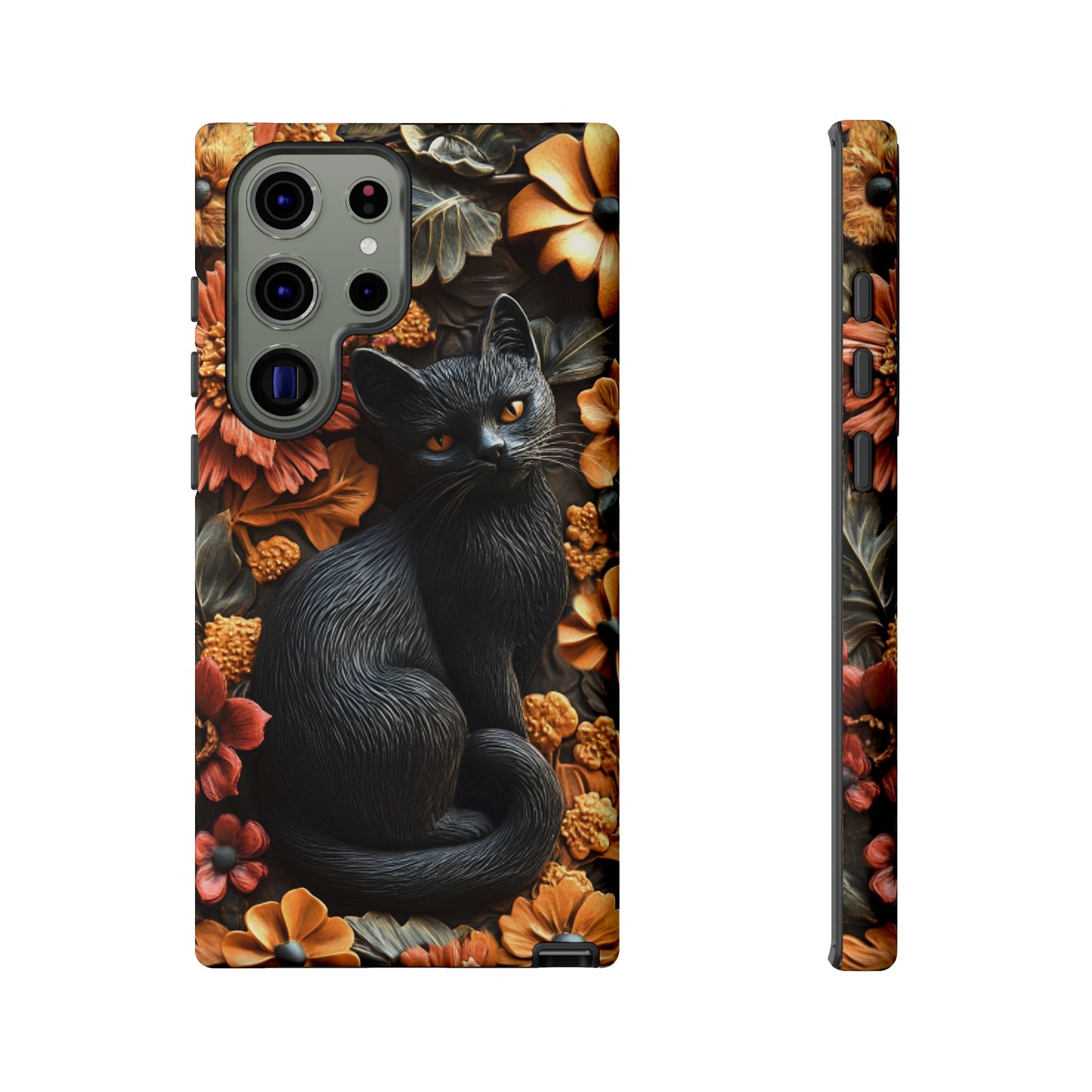 Black Cat Floral Fall Phone Case - Carved Clay Effect Cat Lover Phone Cases - iPhone 16 15 14 13 12 11, Samsung Galaxy & Google Pixel Phone Covers