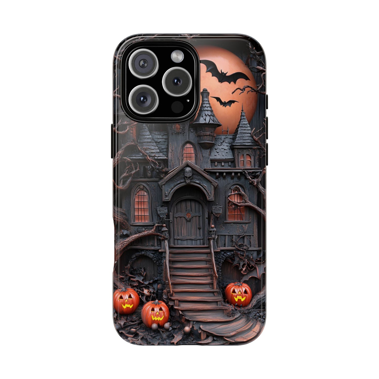 Carved Wood Haunted House Phone Case - Faux Wood Spooky Halloween Phone Cases - iPhone 16 15 14 13 12 11, Samsung Galaxy & Google Pixel Phone Covers - Boo and Bewear