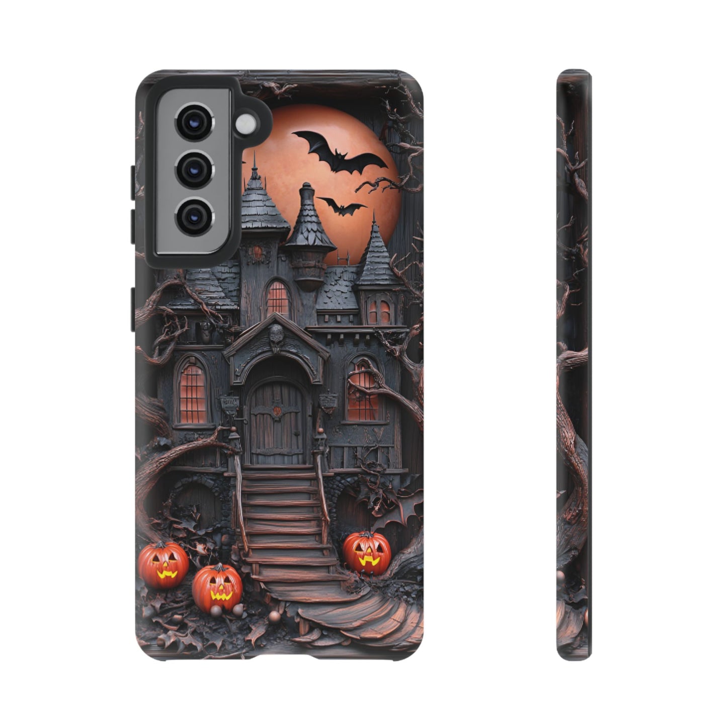 Carved Wood Haunted House Phone Case - Faux Wood Spooky Halloween Phone Cases - iPhone 16 15 14 13 12 11, Samsung Galaxy & Google Pixel Phone Covers