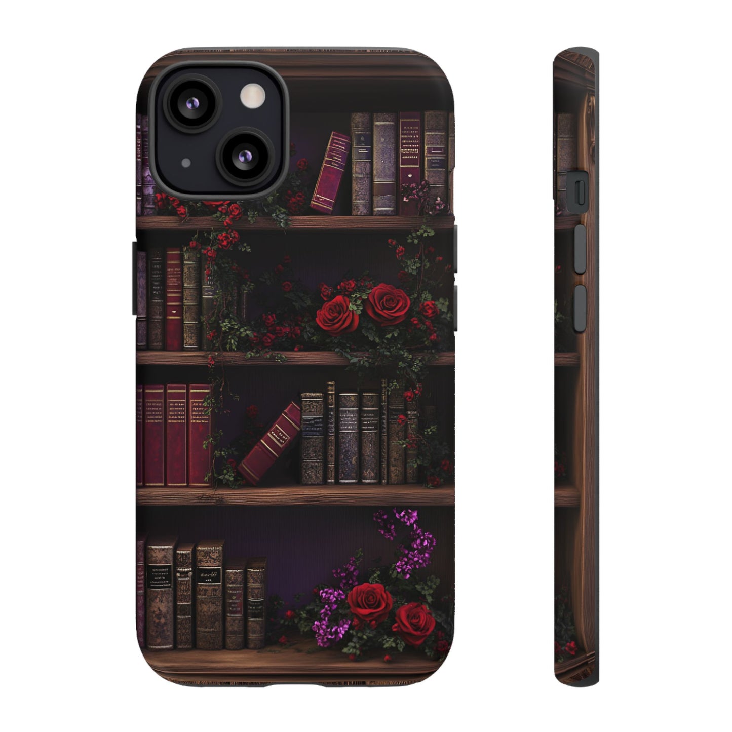 Book Lovers Phone Case - Roses and Books in Moody Vintage Bookshelf - iPhone 16 15 14 13 12 11, Samsung Galaxy & Google Pixel Phone Covers