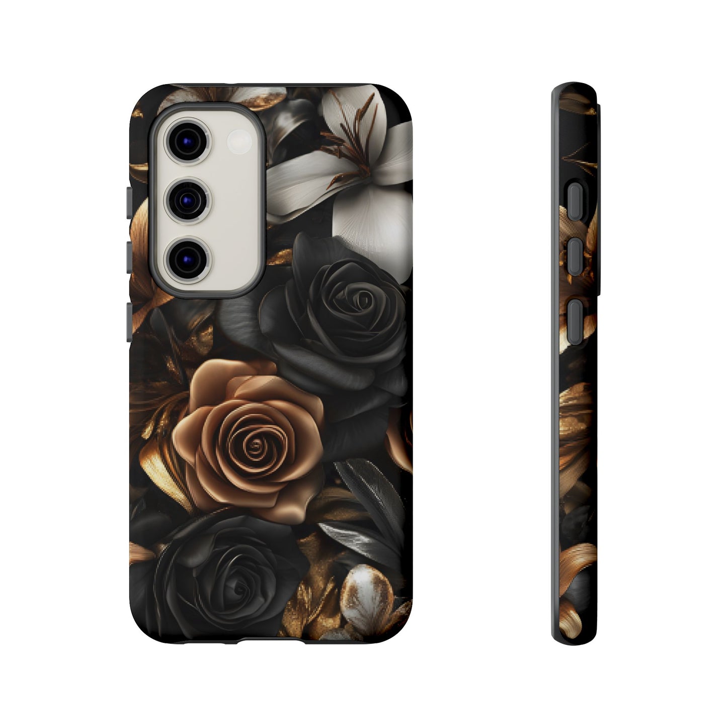 Floral Phone Case - Black and Gold Roses for iPhone 16 15 14 13 12 11, Samsung Galaxy & Google Pixel