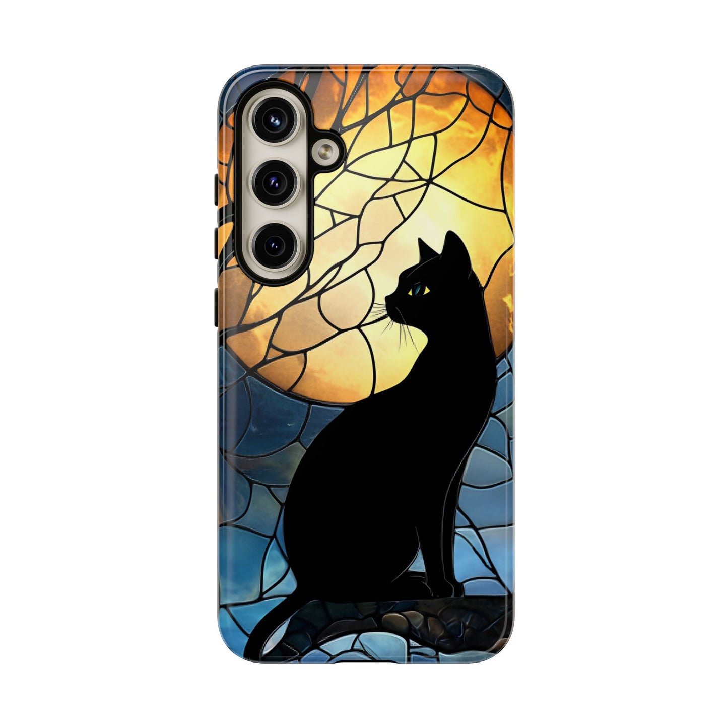 Black Cat and Moon Stained Glass Phone Case - Celestial Cat Lover Phone Cases for iPhone 16 15 14 13 12 11, Samsung Galaxy & Google Pixel