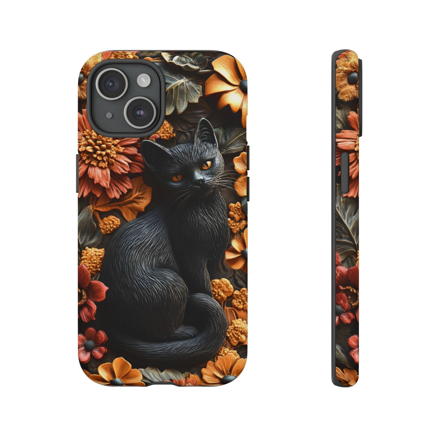 Black Cat Floral Fall Phone Case - Carved Clay Effect Cat Lover Phone Cases for iPhone 16 15 14 13 12 11, Samsung Galaxy & Google Pixel