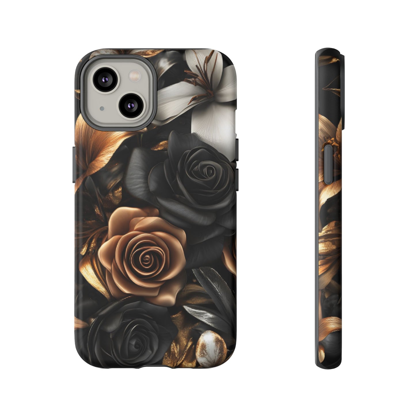 Floral Phone Case - Black and Gold Roses for iPhone 16 15 14 13 12 11, Samsung Galaxy & Google Pixel