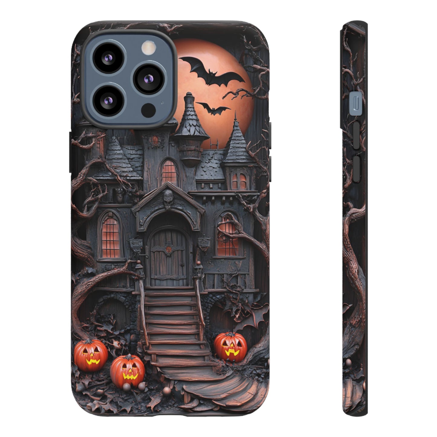 Carved Wood Haunted House Phone Case - Faux Wood Spooky Halloween Phone Cases for iPhone 16 15 14 13 12 11, Samsung Galaxy & Google Pixel