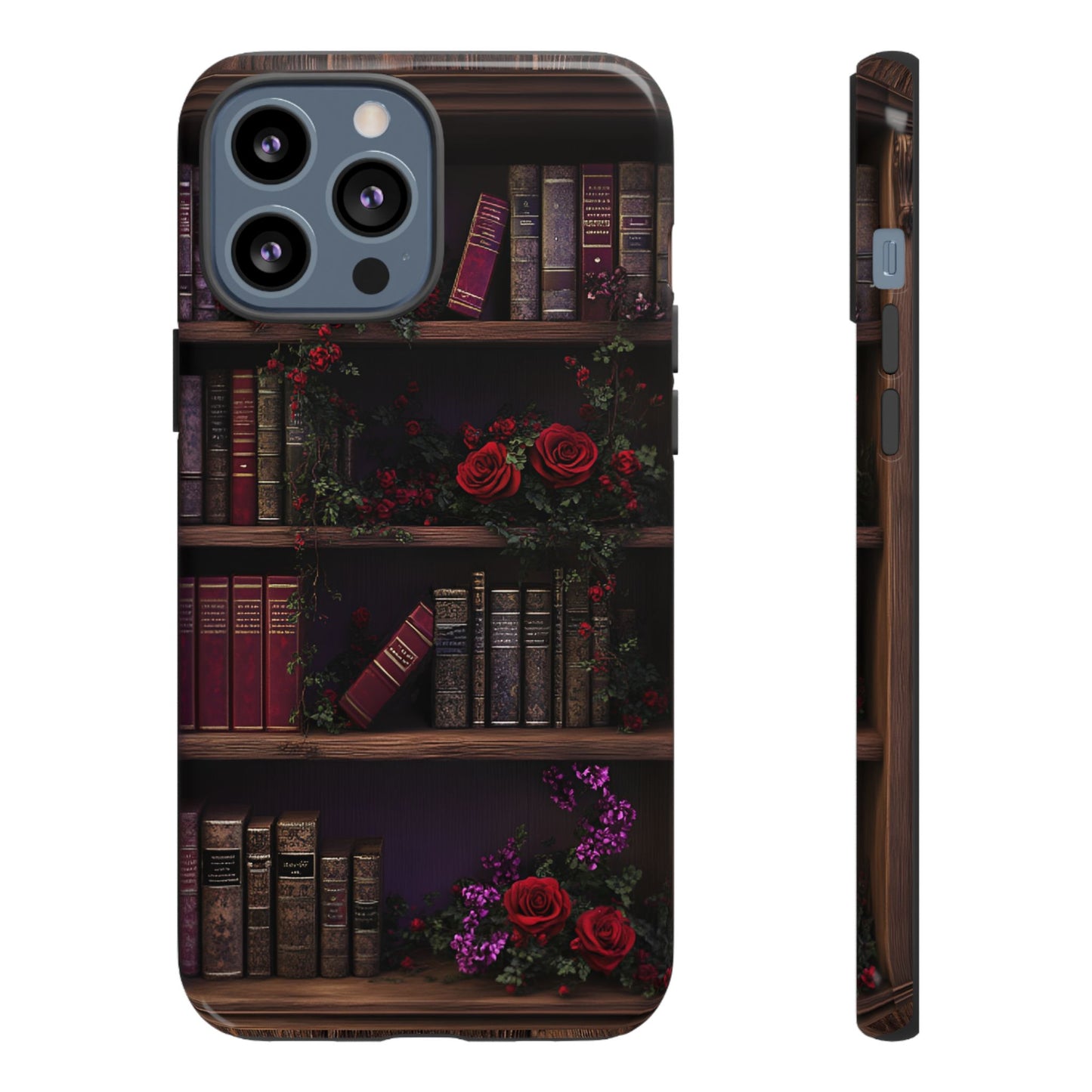 Book Lovers Phone Case - Roses and Books in Moody Vintage Bookshelf for iPhone 16 15 14 13 12 11, Samsung Galaxy & Google Pixel