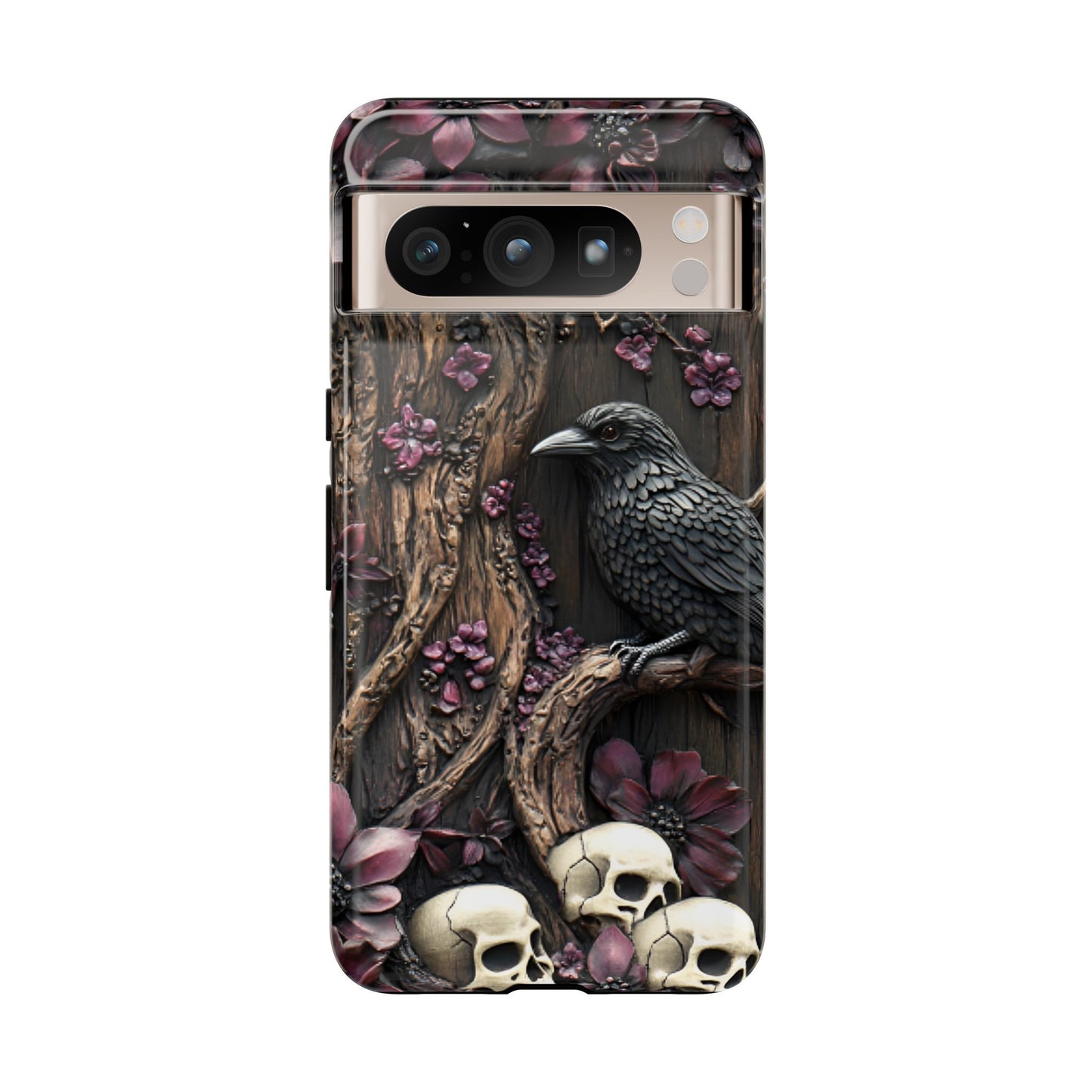 Raven and Skulls Phone Case - Gothic Faux Wood Phone Cases - iPhone 16 15 14 13 12 11, Samsung Galaxy & Google Pixel Phone Covers