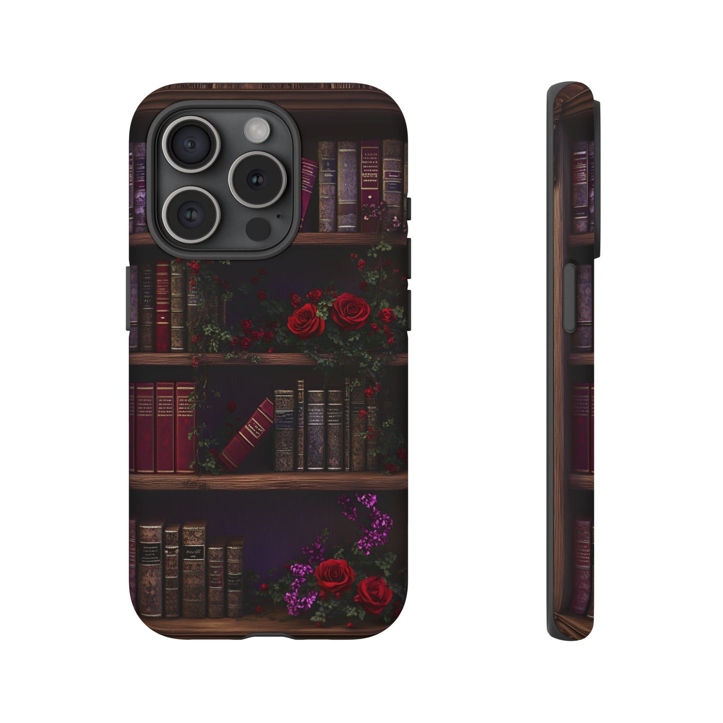 Book Lovers Phone Case - Roses and Books in Moody Vintage Bookshelf - iPhone 16 15 14 13 12 11, Samsung Galaxy & Google Pixel Phone Covers