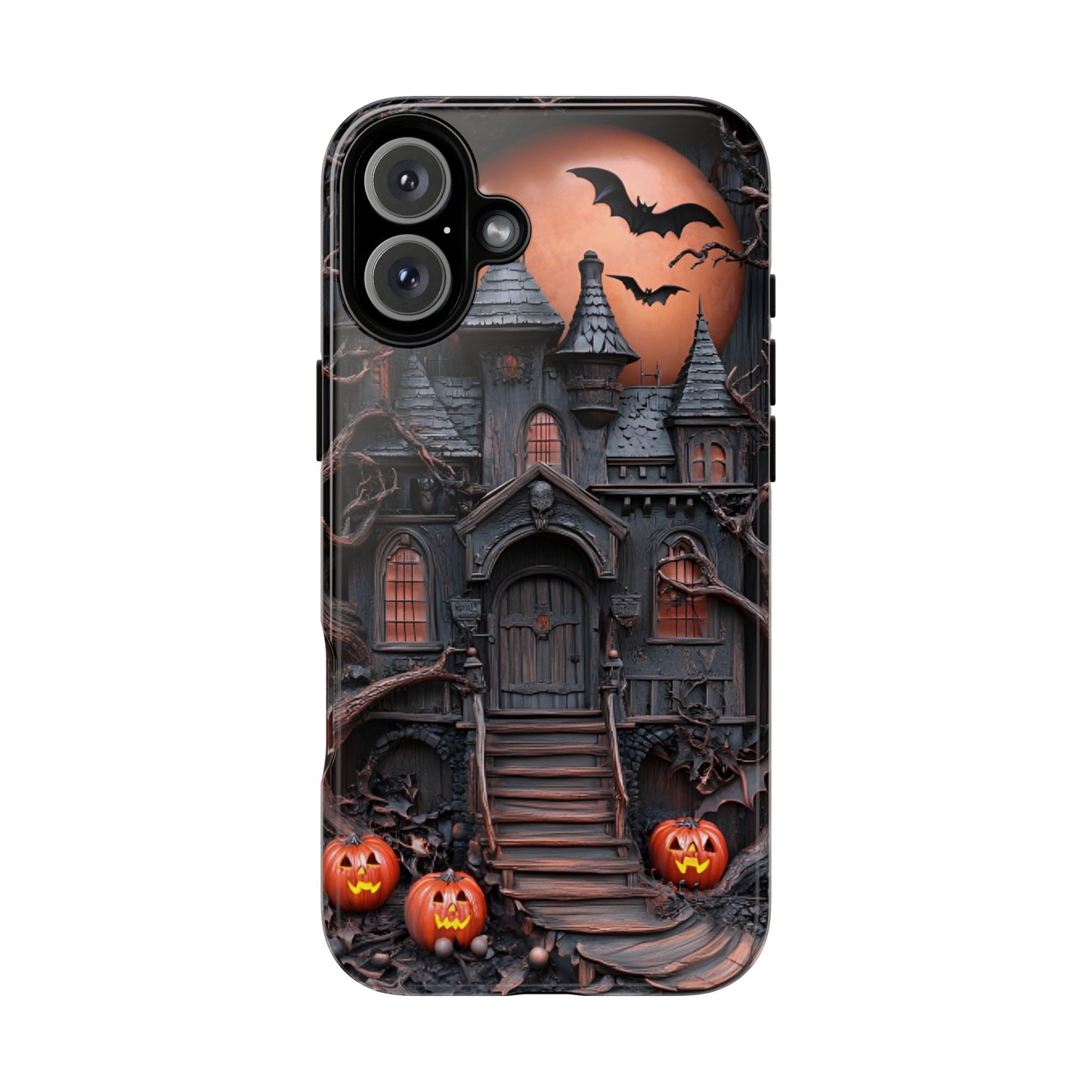 Carved Wood Haunted House Phone Case - Faux Wood Spooky Halloween Phone Cases - iPhone 16 15 14 13 12 11, Samsung Galaxy & Google Pixel Phone Covers - Boo and Bewear