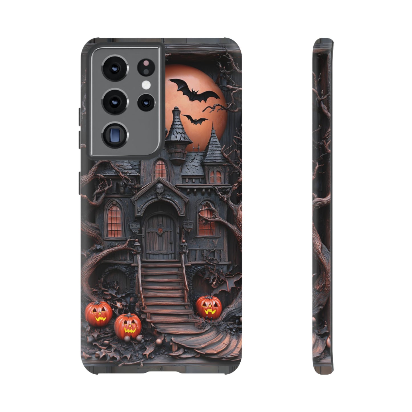 Carved Wood Haunted House Phone Case - Faux Wood Spooky Halloween Phone Cases for iPhone 16 15 14 13 12 11, Samsung Galaxy & Google Pixel