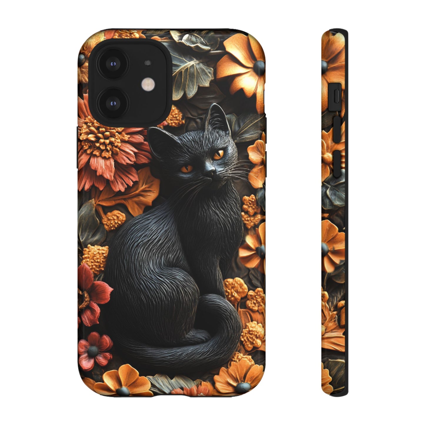 Black Cat Floral Fall Phone Case - Carved Clay Effect Cat Lover Phone Cases - iPhone 16 15 14 13 12 11, Samsung Galaxy & Google Pixel Phone Covers