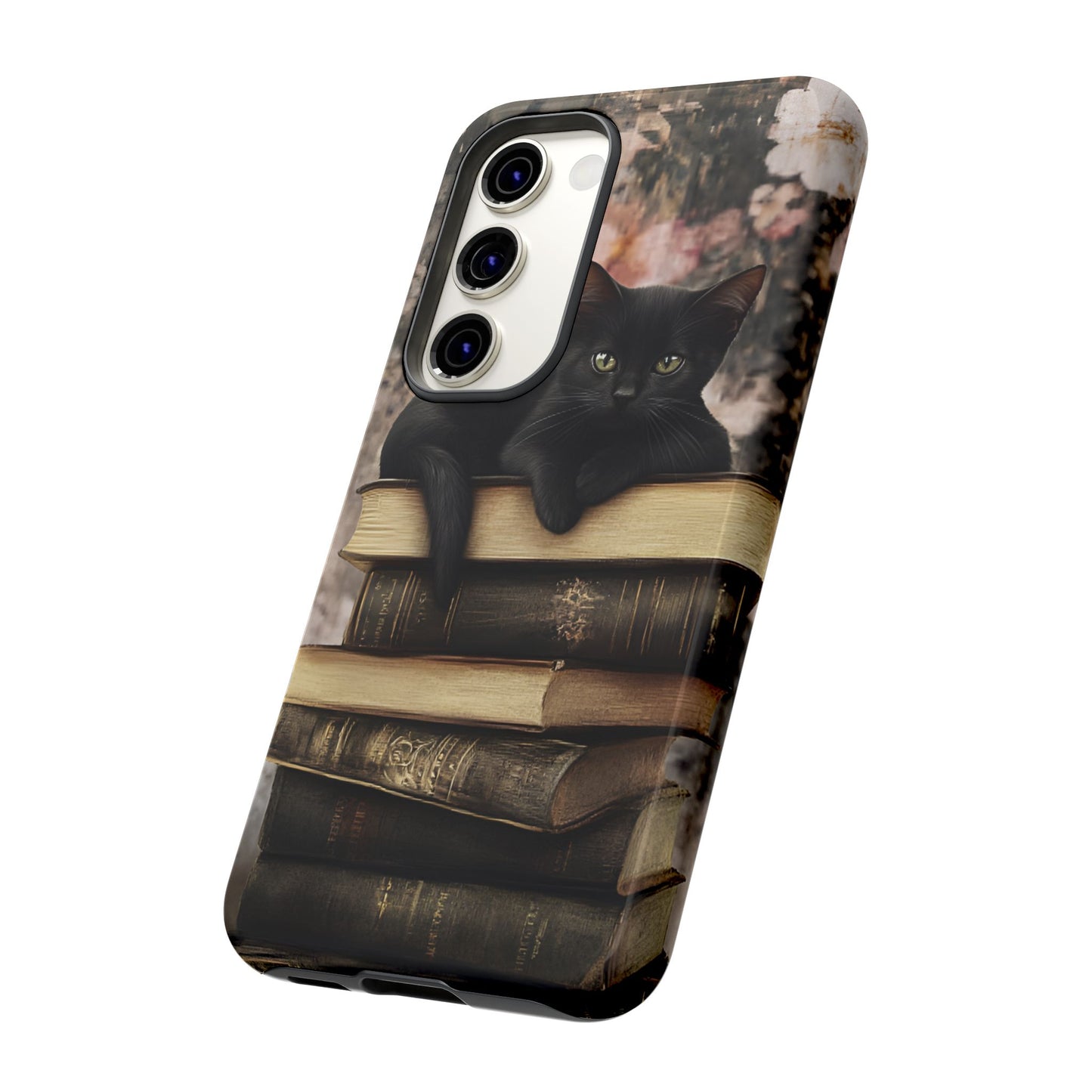 Black Cat and Books Phone Case - Vintage Dark Academia Library Phone Cases for iPhone 16 15 14 13 12 11, Samsung Galaxy & Google Pixel