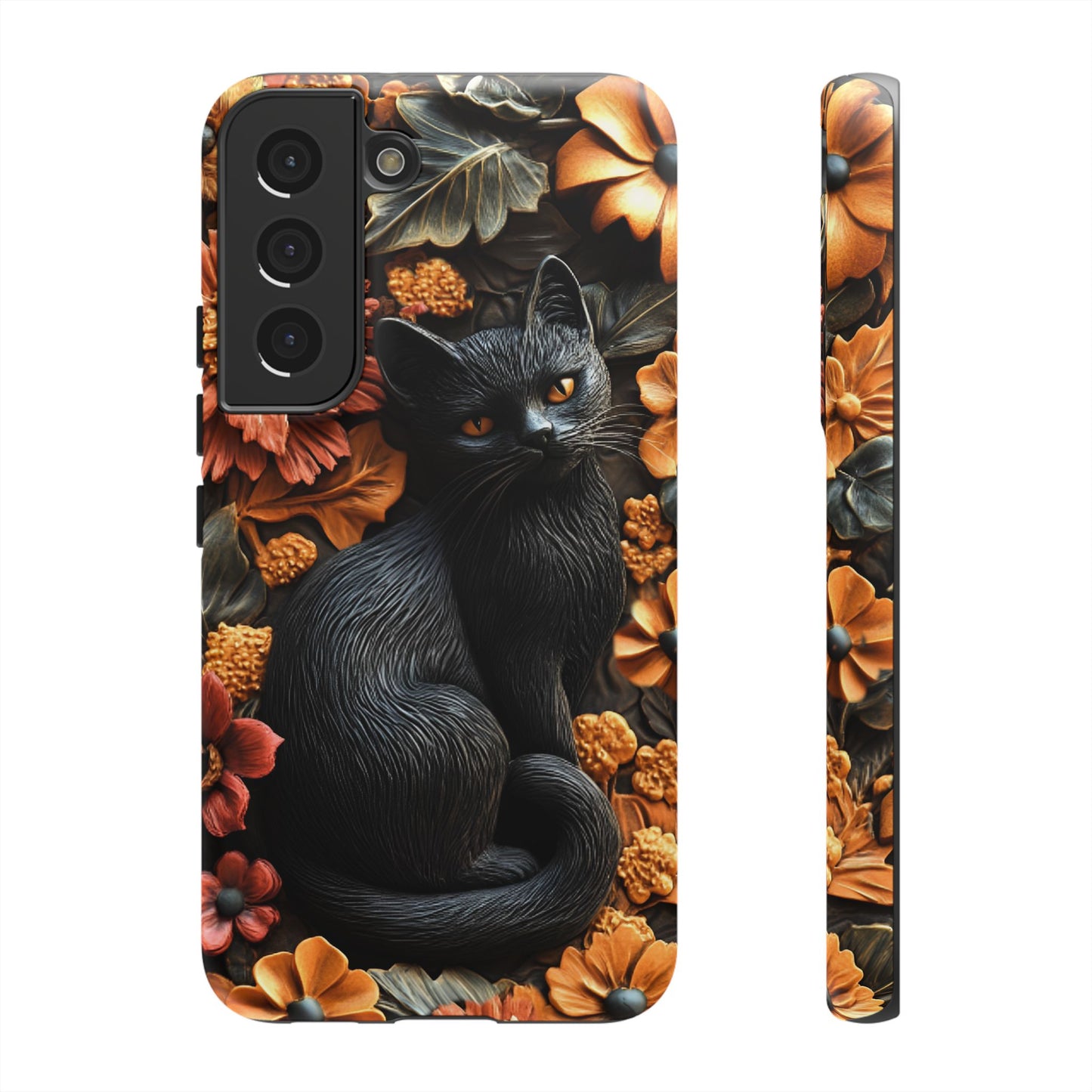 Black Cat Floral Fall Phone Case - Carved Clay Effect Cat Lover Phone Cases - iPhone 16 15 14 13 12 11, Samsung Galaxy & Google Pixel Phone Covers