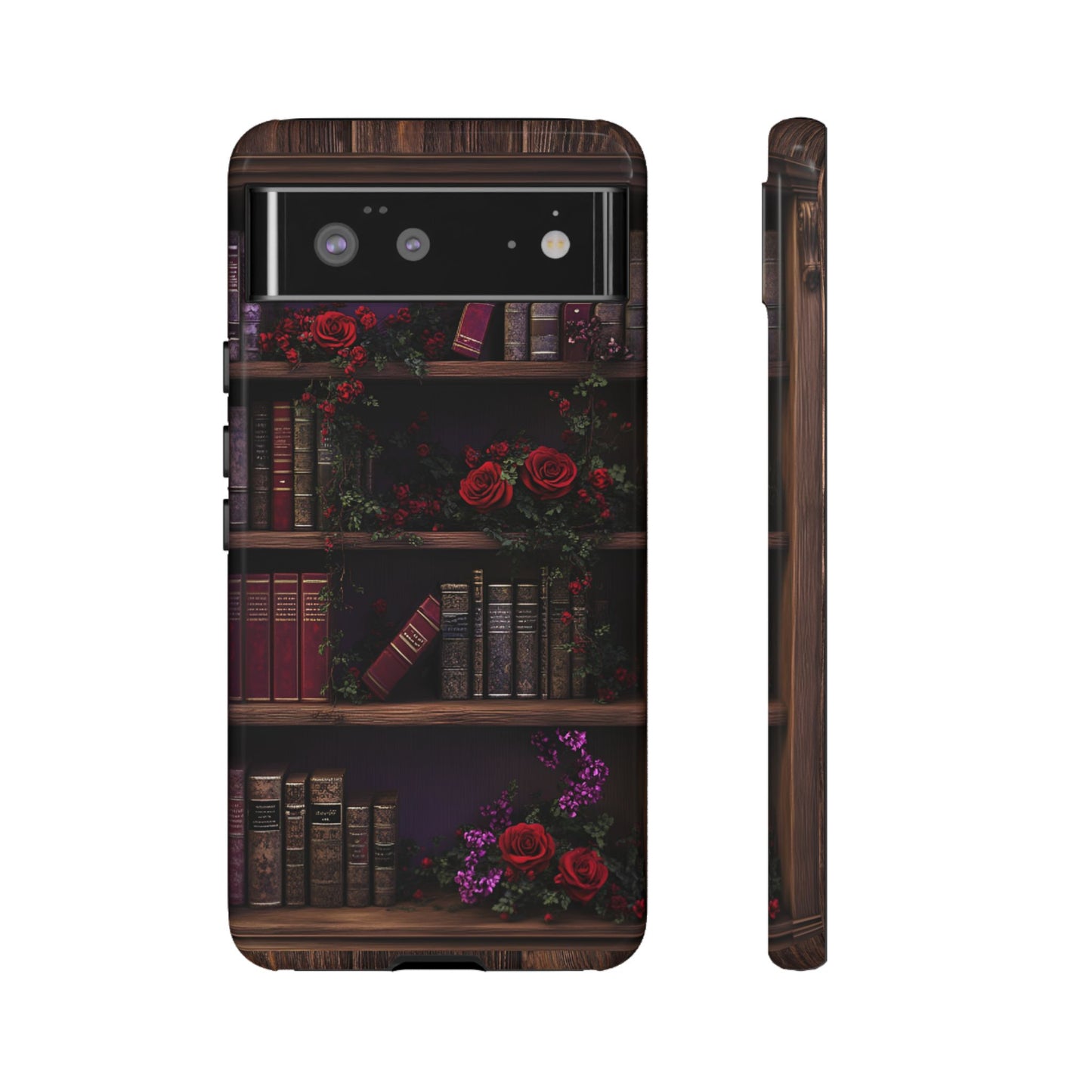 Book Lovers Phone Case - Roses and Books in Moody Vintage Bookshelf - iPhone 16 15 14 13 12 11, Samsung Galaxy & Google Pixel Phone Covers