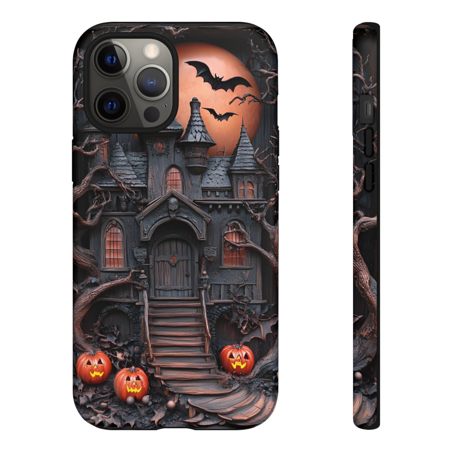 Carved Wood Haunted House Phone Case - Faux Wood Spooky Halloween Phone Cases for iPhone 16 15 14 13 12 11, Samsung Galaxy & Google Pixel