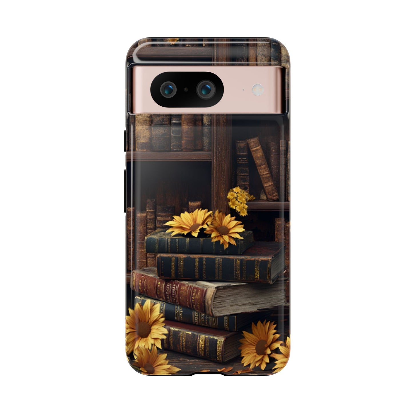 Vintage Books and Sunflowers Phone Case - Dark Academia Library Phone Cases for iPhone 16 15 14 13 12 11, Samsung Galaxy & Google Pixel