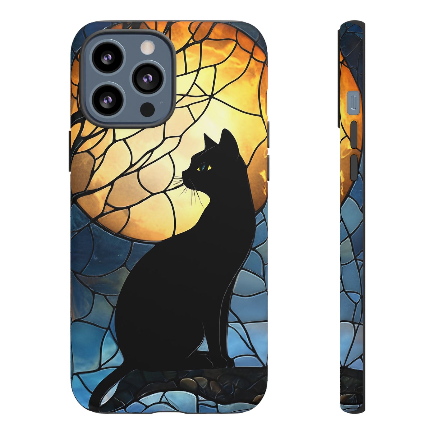 Black Cat and Moon Stained Glass Phone Case - Celestial Cat Lover Phone Cases - iPhone 16 15 14 13 12 11, Samsung Galaxy & Google Pixel Phone Covers