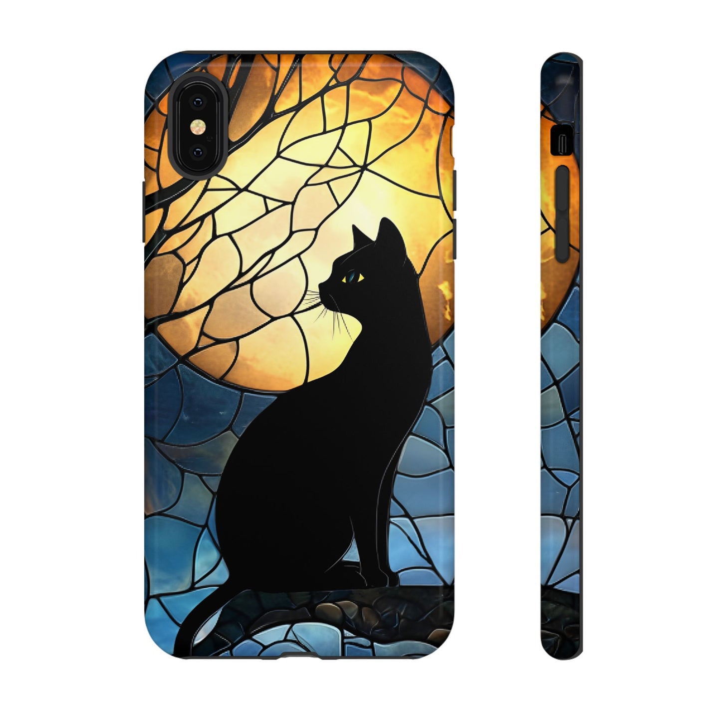 Black Cat and Moon Stained Glass Phone Case - Celestial Cat Lover Phone Cases for iPhone 16 15 14 13 12 11, Samsung Galaxy & Google Pixel