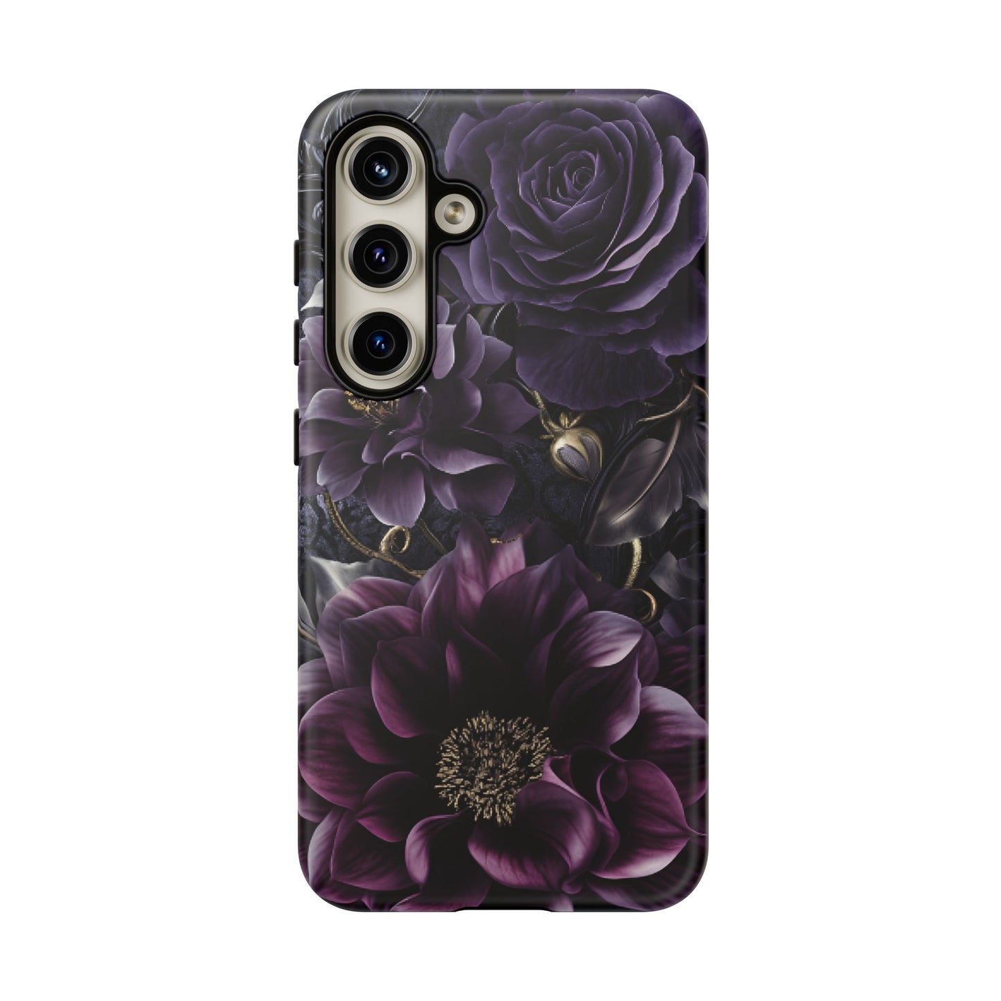 Gothic Dark Floral Phone Case - Aesthetic Purple and Gold Flowers - iPhone 16 15 14 13 12 11, Samsung Galaxy & Google Pixel Phone Covers