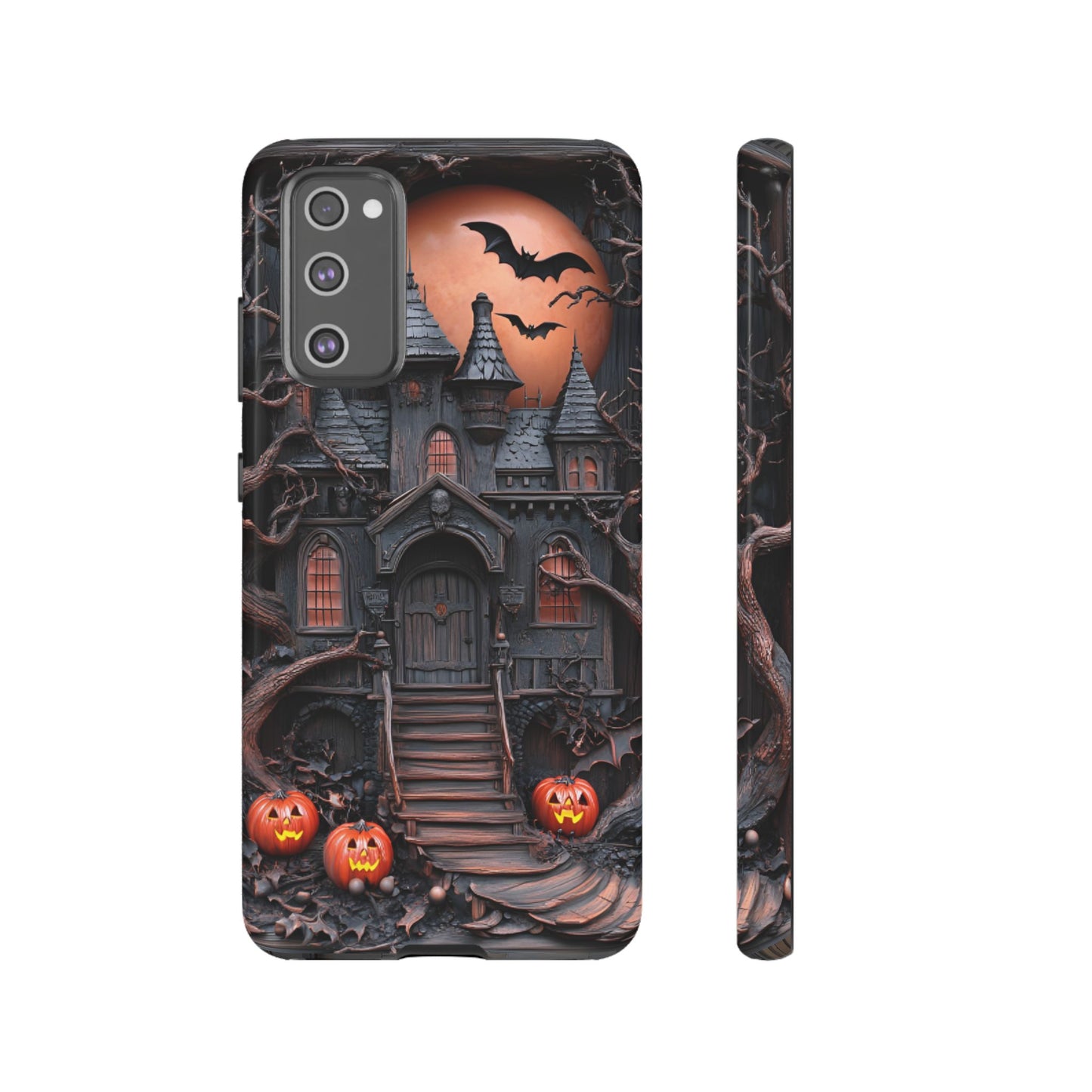 Carved Wood Haunted House Phone Case - Faux Wood Spooky Halloween Phone Cases - iPhone 16 15 14 13 12 11, Samsung Galaxy & Google Pixel Phone Covers