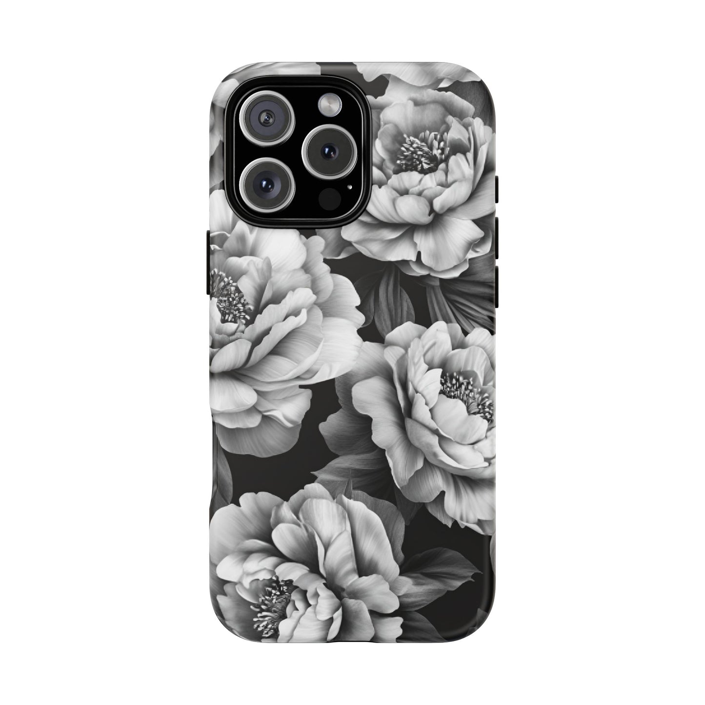 Black and White Peony Flower Phone Case - Aesthetic Dark Floral Phone Cases for iPhone 16 15 14 13 12 11, Samsung Galaxy & Google Pixel