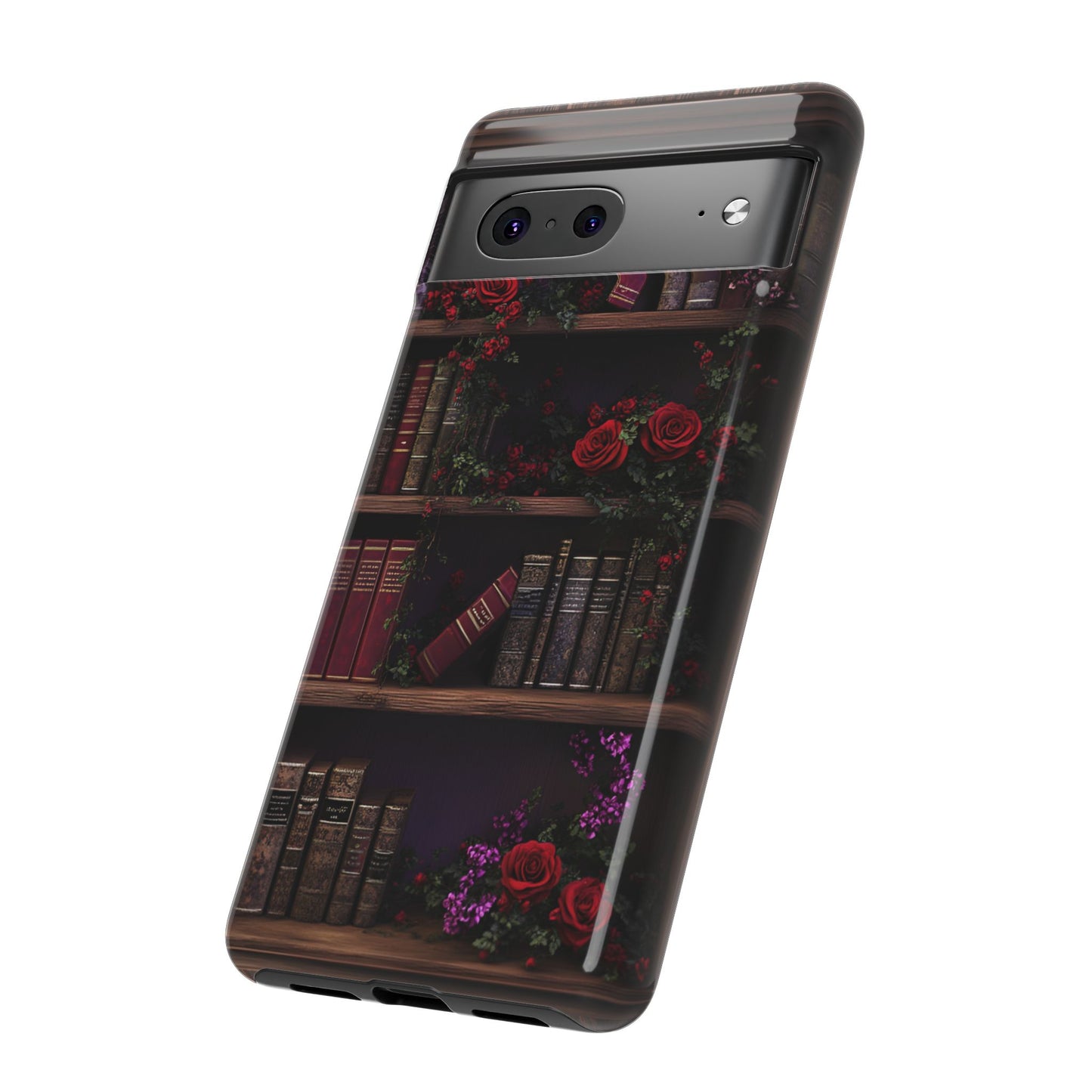 Book Lovers Phone Case - Roses and Books in Moody Vintage Bookshelf - iPhone 16 15 14 13 12 11, Samsung Galaxy & Google Pixel Phone Covers