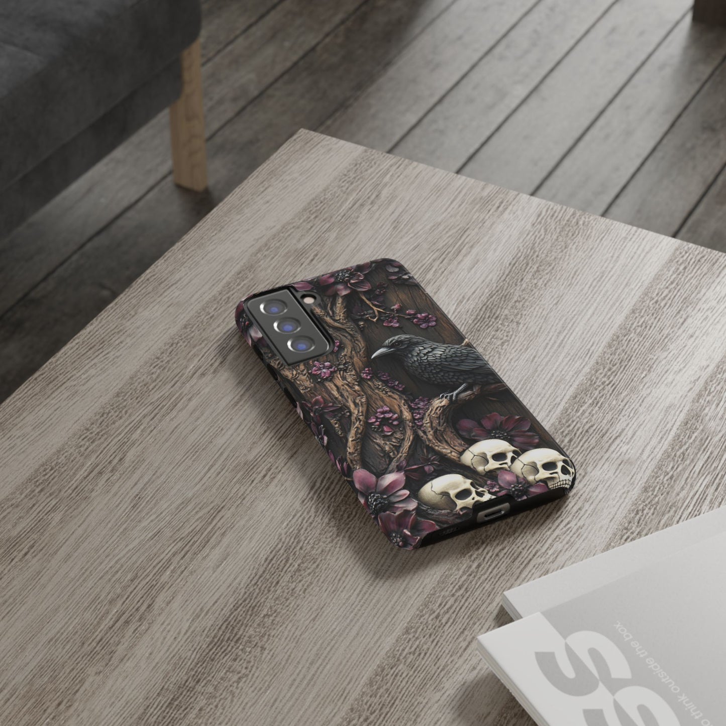 Raven and Skulls Phone Case - Gothic Faux Wood Phone Cases - iPhone 16 15 14 13 12 11, Samsung Galaxy & Google Pixel Phone Covers