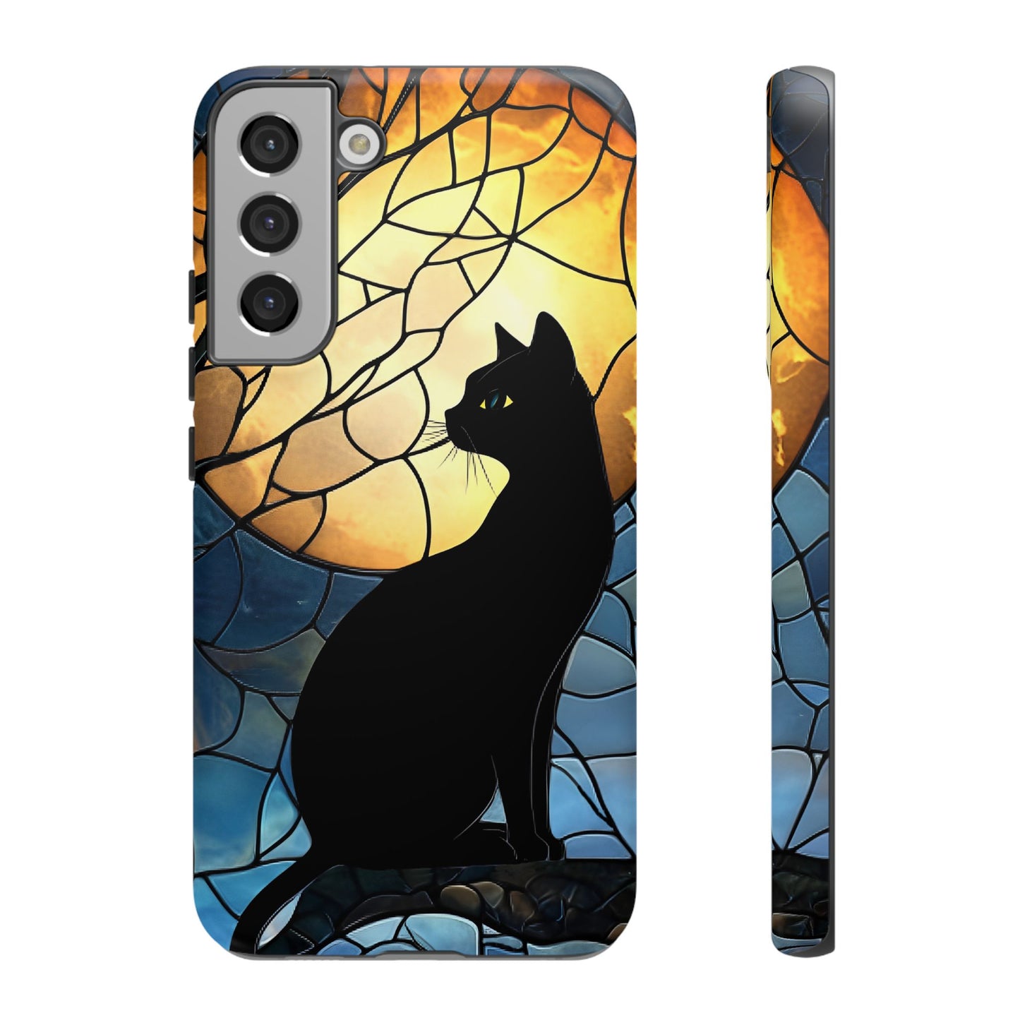 Black Cat and Moon Stained Glass Phone Case - Celestial Cat Lover Phone Cases for iPhone 16 15 14 13 12 11, Samsung Galaxy & Google Pixel