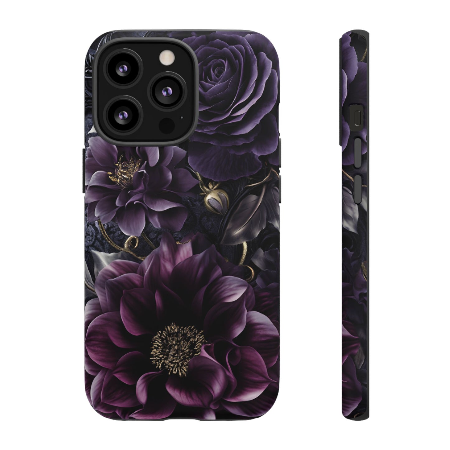 Gothic Dark Floral Phone Case - Aesthetic Purple and Gold Flowers - iPhone 16 15 14 13 12 11, Samsung Galaxy & Google Pixel Phone Covers