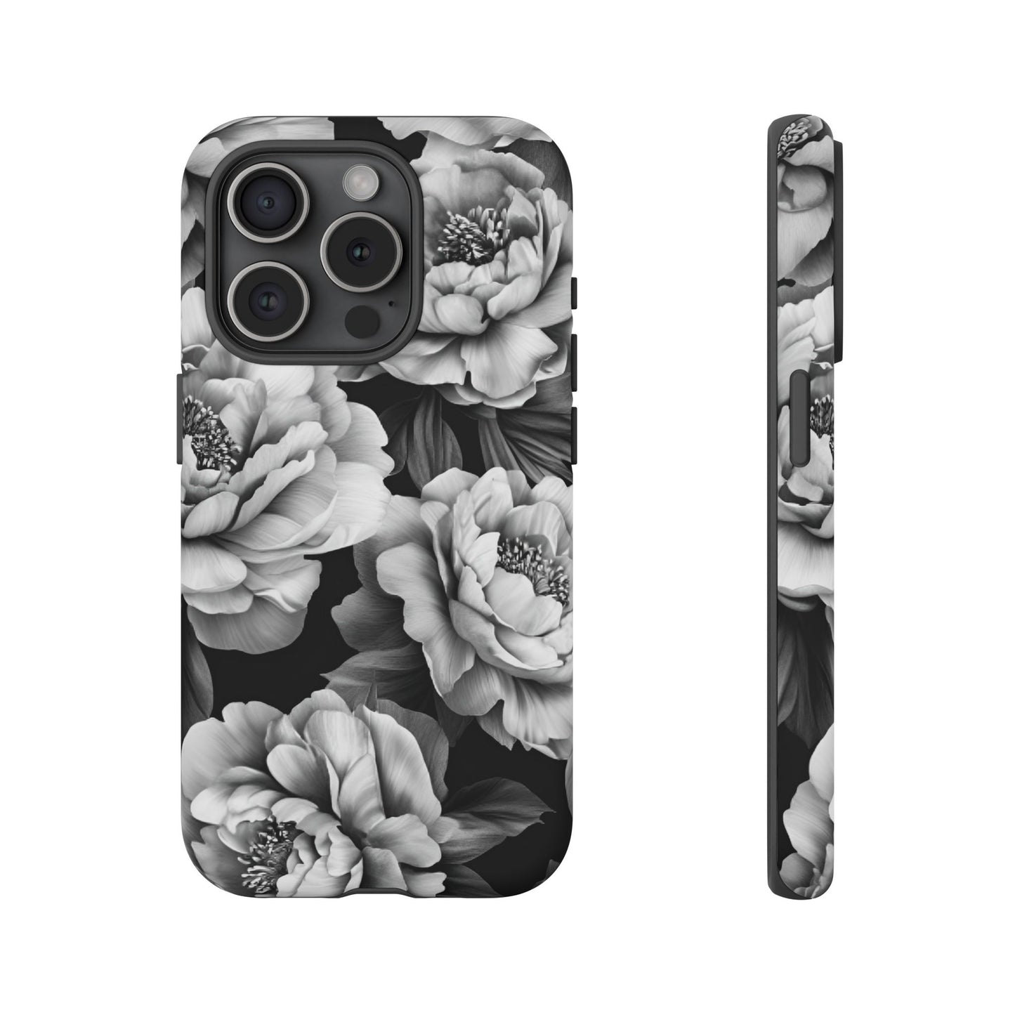 Black and White Peony Flower Phone Case - Aesthetic Dark Floral Phone Cases - iPhone 16 15 14 13 12 11, Samsung Galaxy & Google Pixel Phone Covers