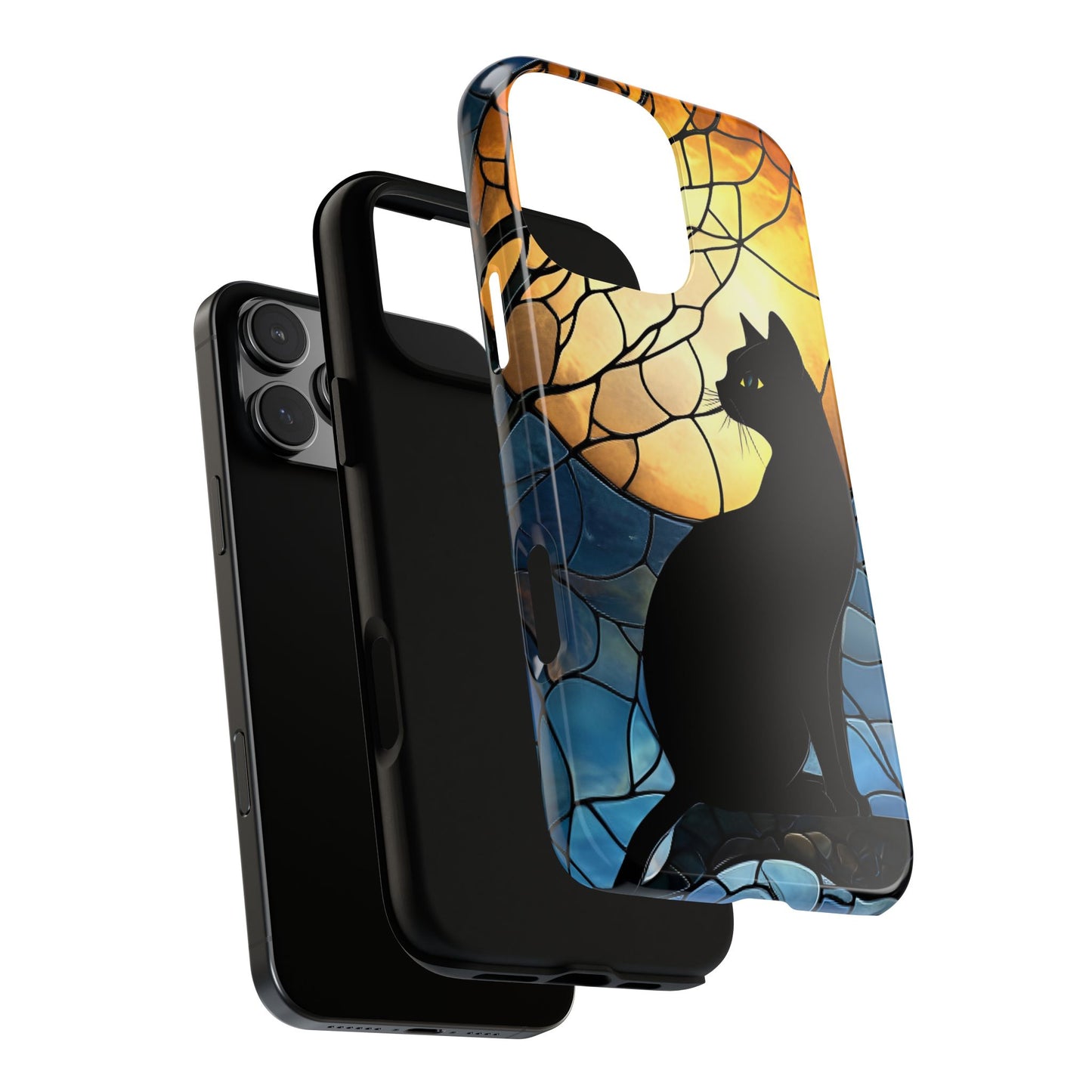 Black Cat and Moon Stained Glass Phone Case - Celestial Cat Lover Phone Cases for iPhone 16 15 14 13 12 11, Samsung Galaxy & Google Pixel